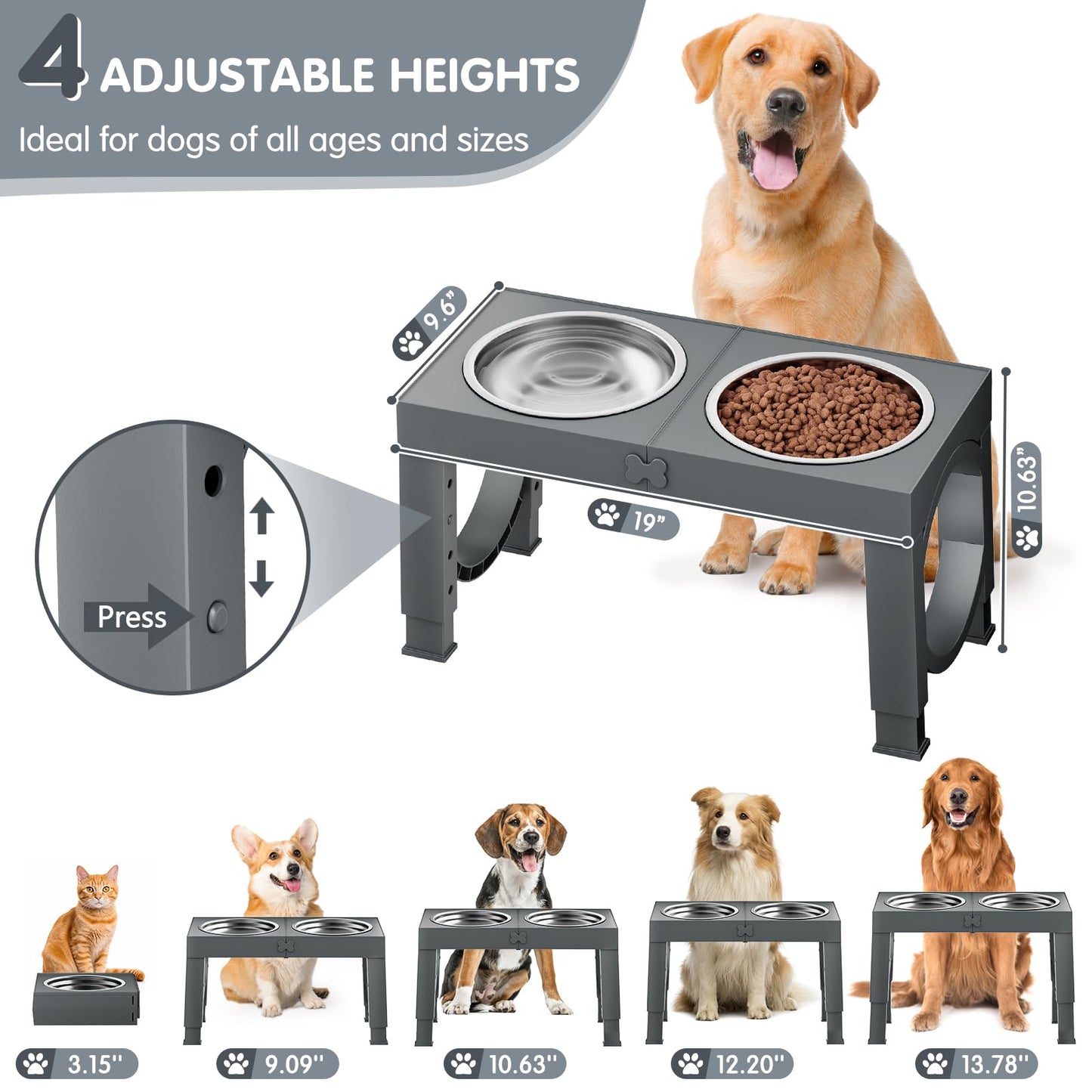 XIAZ Elevated Dog Bowls Large Breed Raised Dogs Bowl Stand Large/Medium Sized Dog 1L Food Water Bowl Stands 5 Heights Adjustable 9/11/12/14in Black Pet Feeder Dish Station