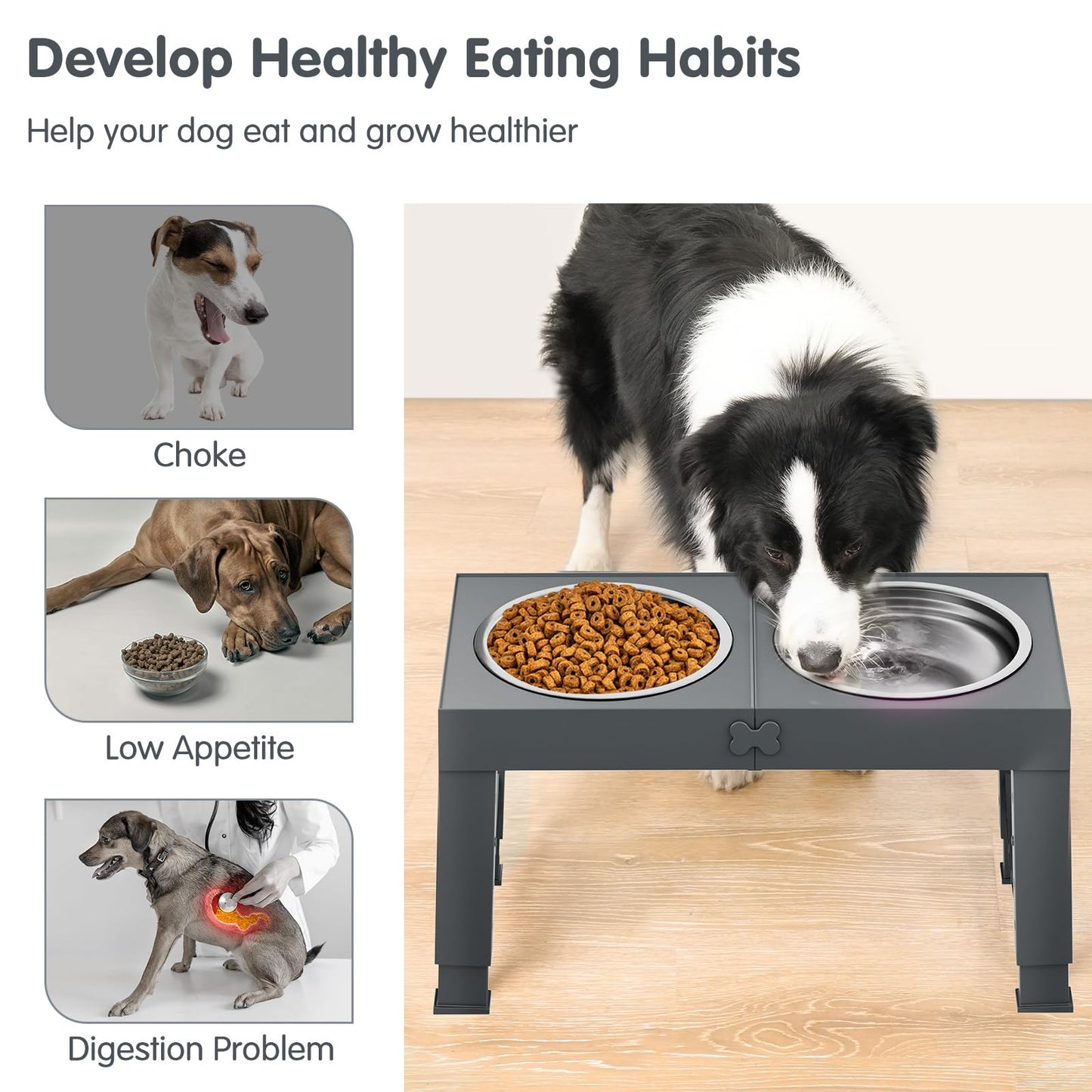 XIAZ Elevated Dog Bowls Large Breed Raised Dogs Bowl Stand Large/Medium Sized Dog 1L Food Water Bowl Stands 5 Heights Adjustable 9/11/12/14in Black Pet Feeder Dish Station