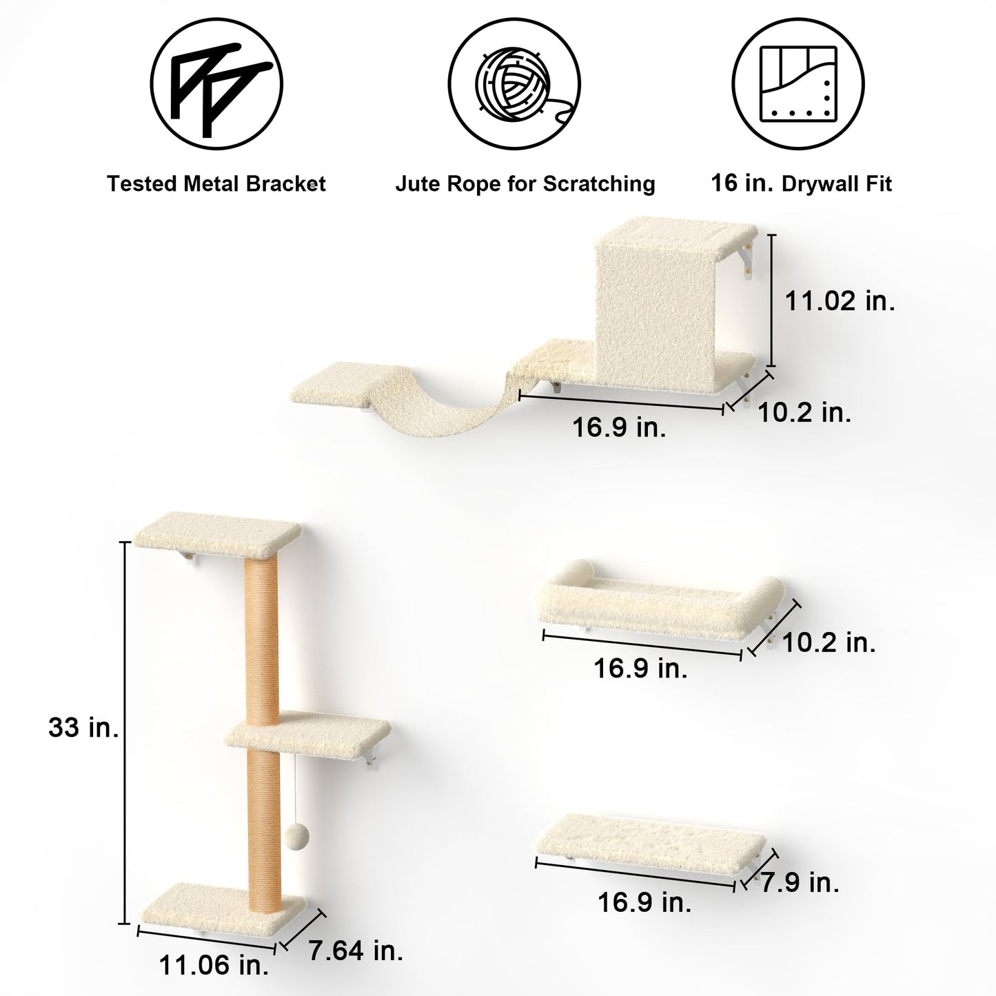 FUKUMARU Cat Wall Shelves, Stable & Safe 4 in 1 Cat Furniture Set, Wooden Climbing Wall with Scratching Post for 16 Inch Drywall - Gray