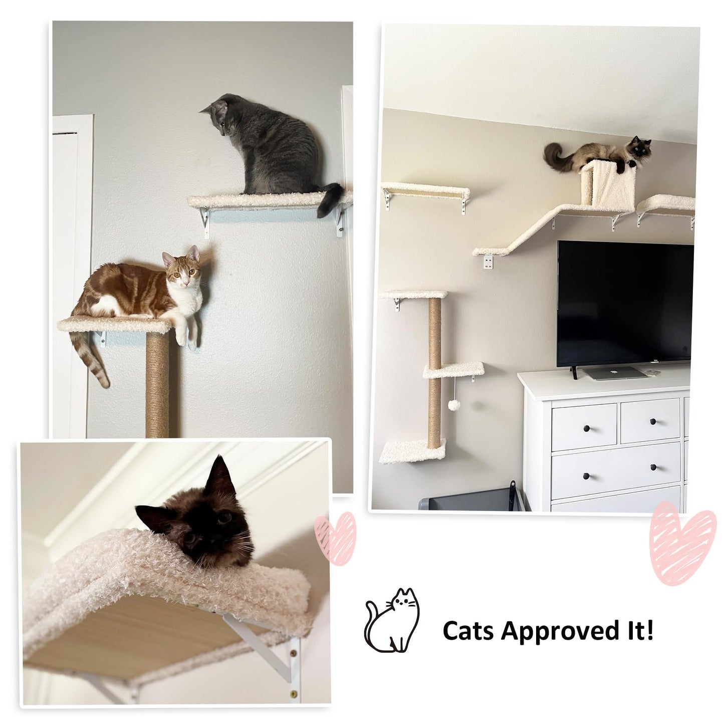 FUKUMARU Cat Wall Shelves, Stable & Safe 4 in 1 Cat Furniture Set, Wooden Climbing Wall with Scratching Post for 16 Inch Drywall - Gray
