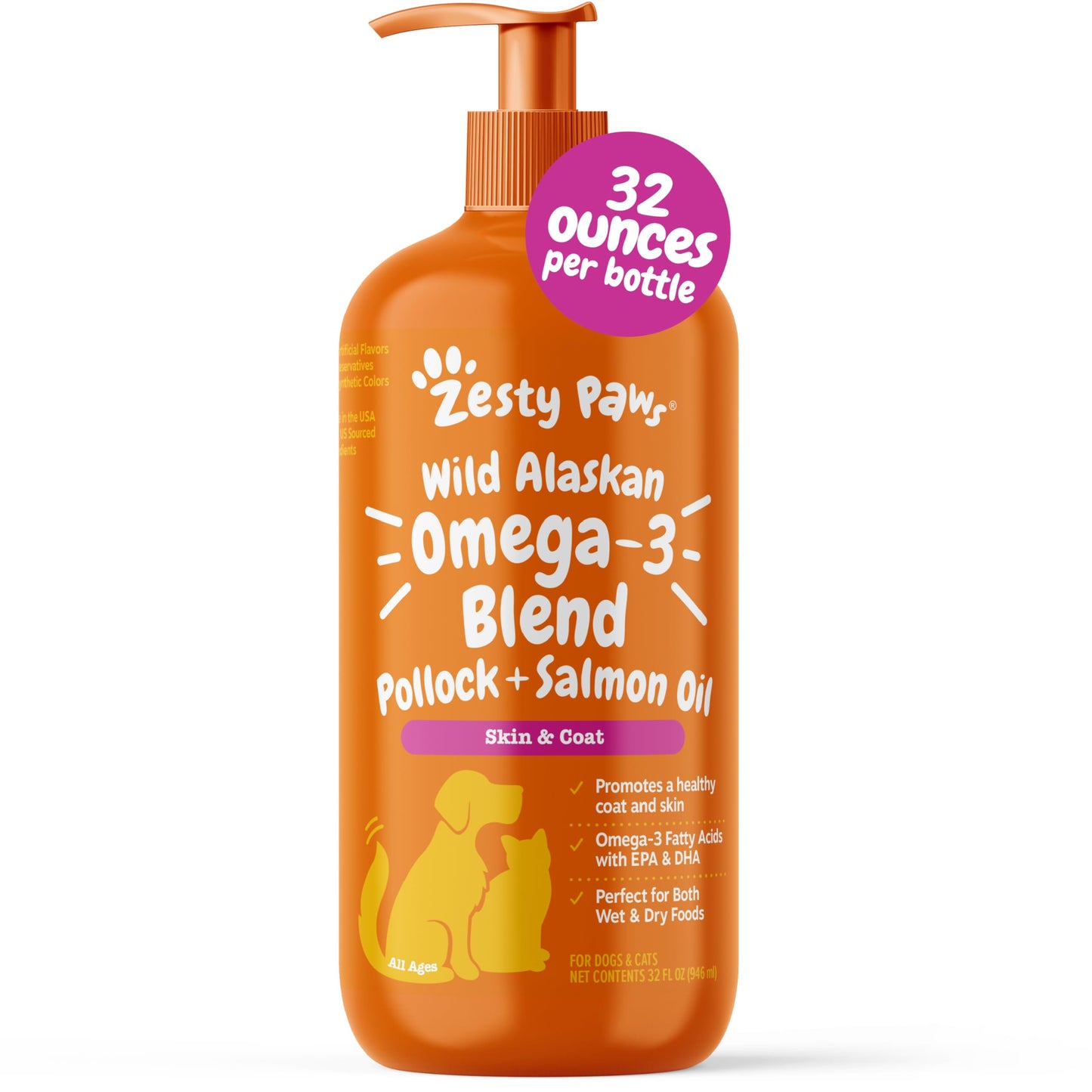 Zesty Paws Wild Alaskan Omega-3 Blend Pollock + Salmon Oil for Dogs and Cats- Skin and Coat Support, Omega 3 Supplement for Pets, 16oz