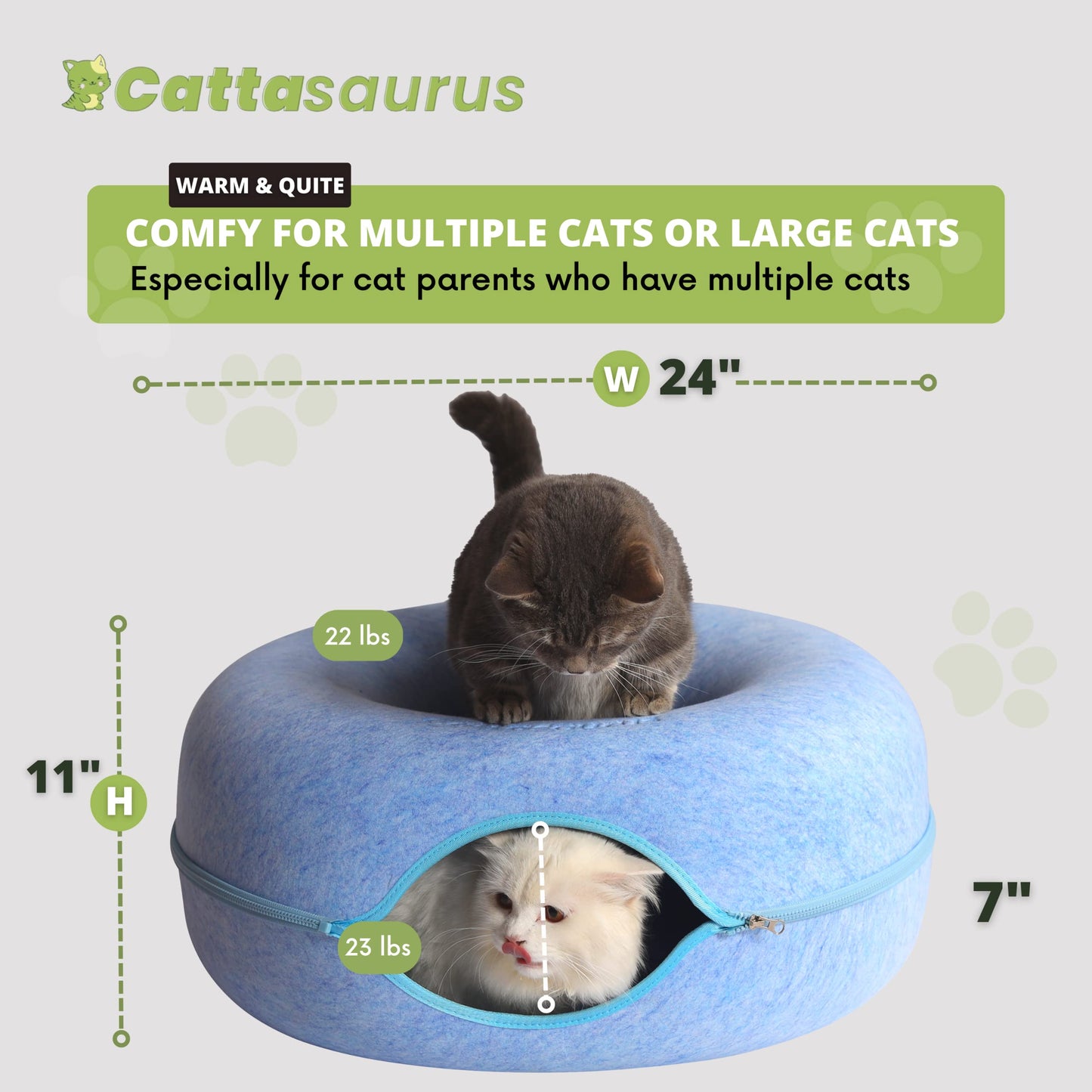CATTASAURUS Peekaboo Cat Cave for Multiple & Large Cats Up to 30-45 Lbs, Scratch Detachable & Washable Tunnel Bed, Comfy Donut Cat Cave (Light Gray, Large)