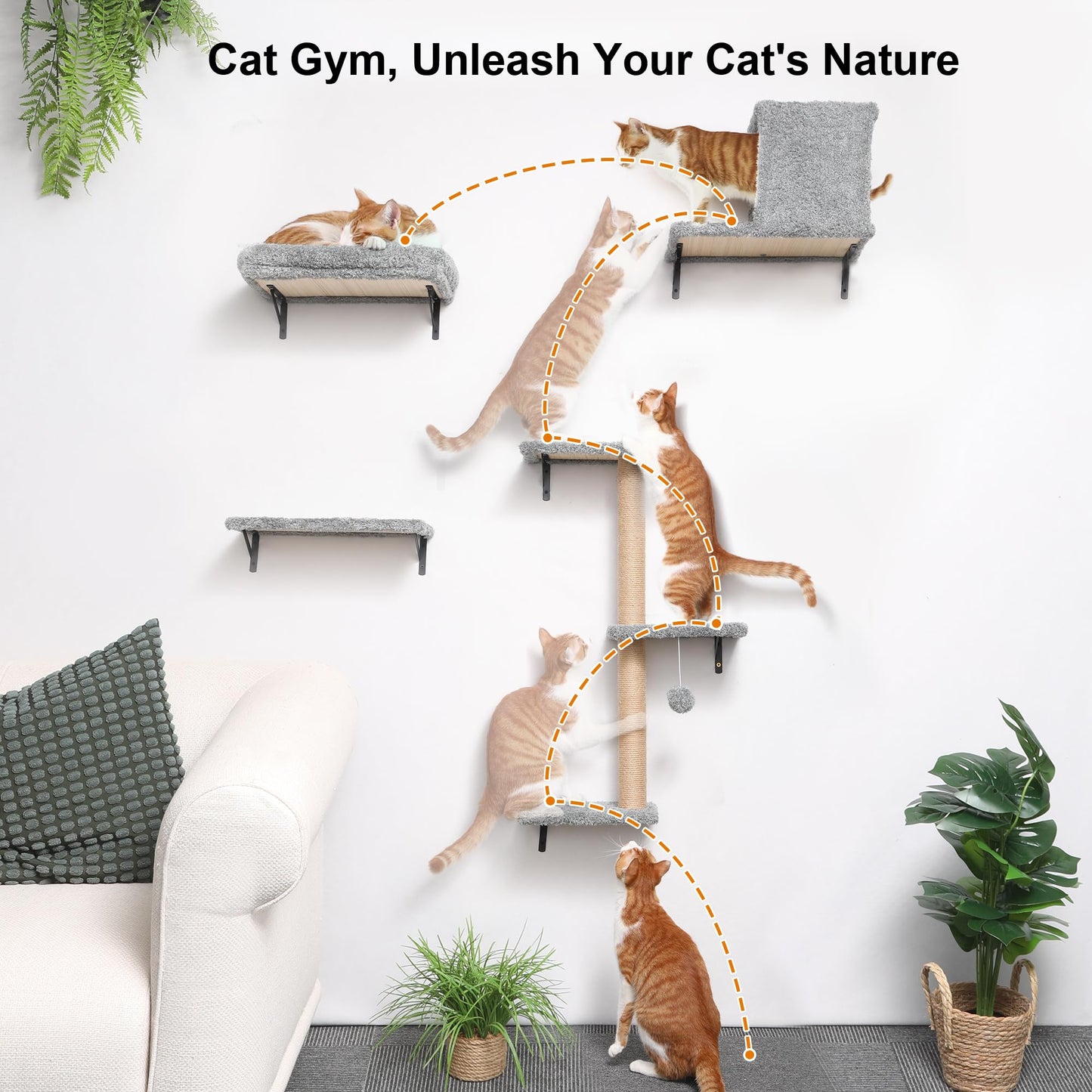 FUKUMARU Cat Wall Shelves, Stable & Safe 4 in 1 Cat Furniture Set, Wooden Climbing Wall with Scratching Post for 16 Inch Drywall - Gray