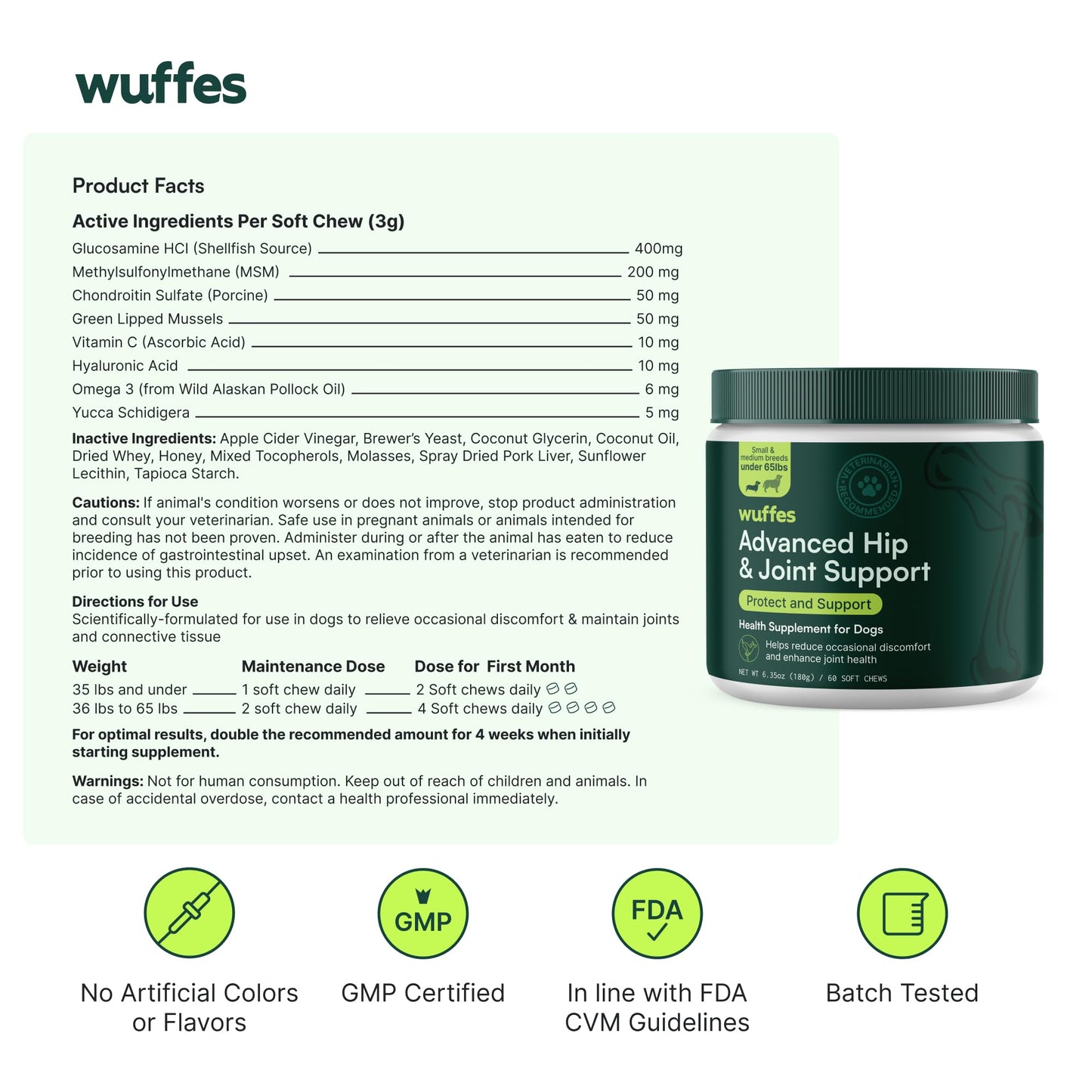Wuffes Advanced Dog Hip and Joint Supplement with Glucosamine, Chondroitin, Omega 3, MSM, and Green Lipped Mussel, 30 Pork Flavored Chews for Large Dog Breeds