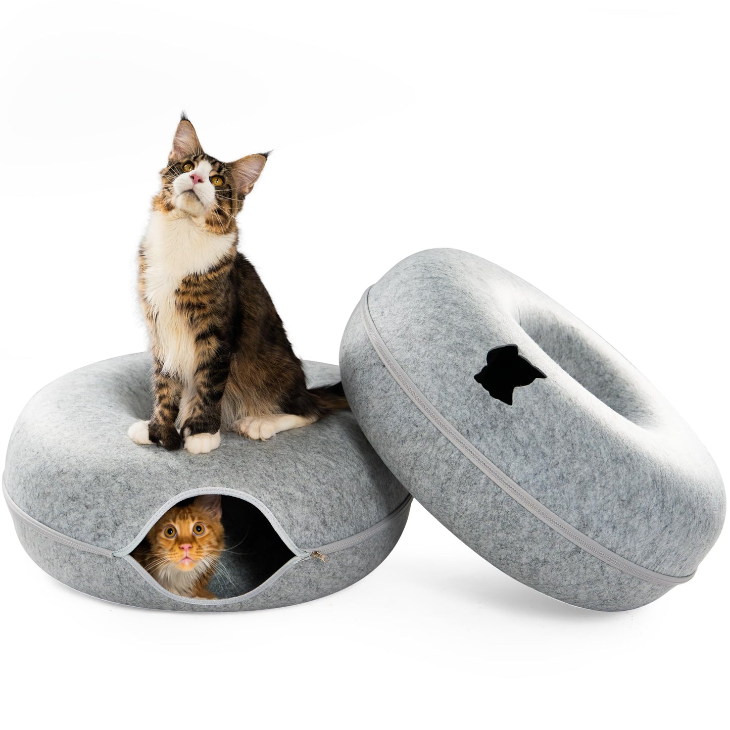CATTASAURUS Peekaboo Cat Cave for Multiple & Large Cats Up to 30-45 Lbs, Scratch Detachable & Washable Tunnel Bed, Comfy Donut Cat Cave (Light Gray, Large)