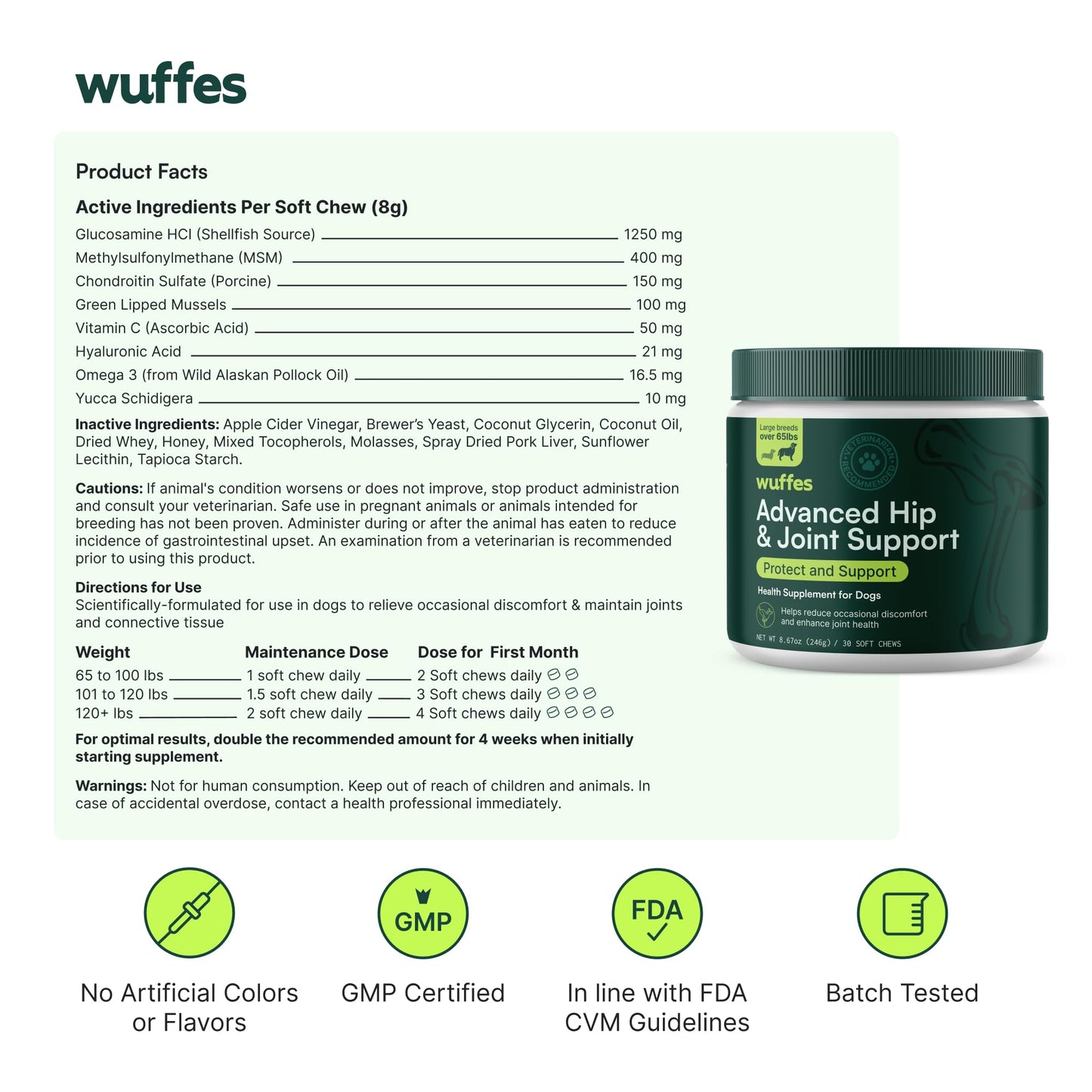 Wuffes Advanced Dog Hip and Joint Supplement with Glucosamine, Chondroitin, Omega 3, MSM, and Green Lipped Mussel, 30 Pork Flavored Chews for Large Dog Breeds
