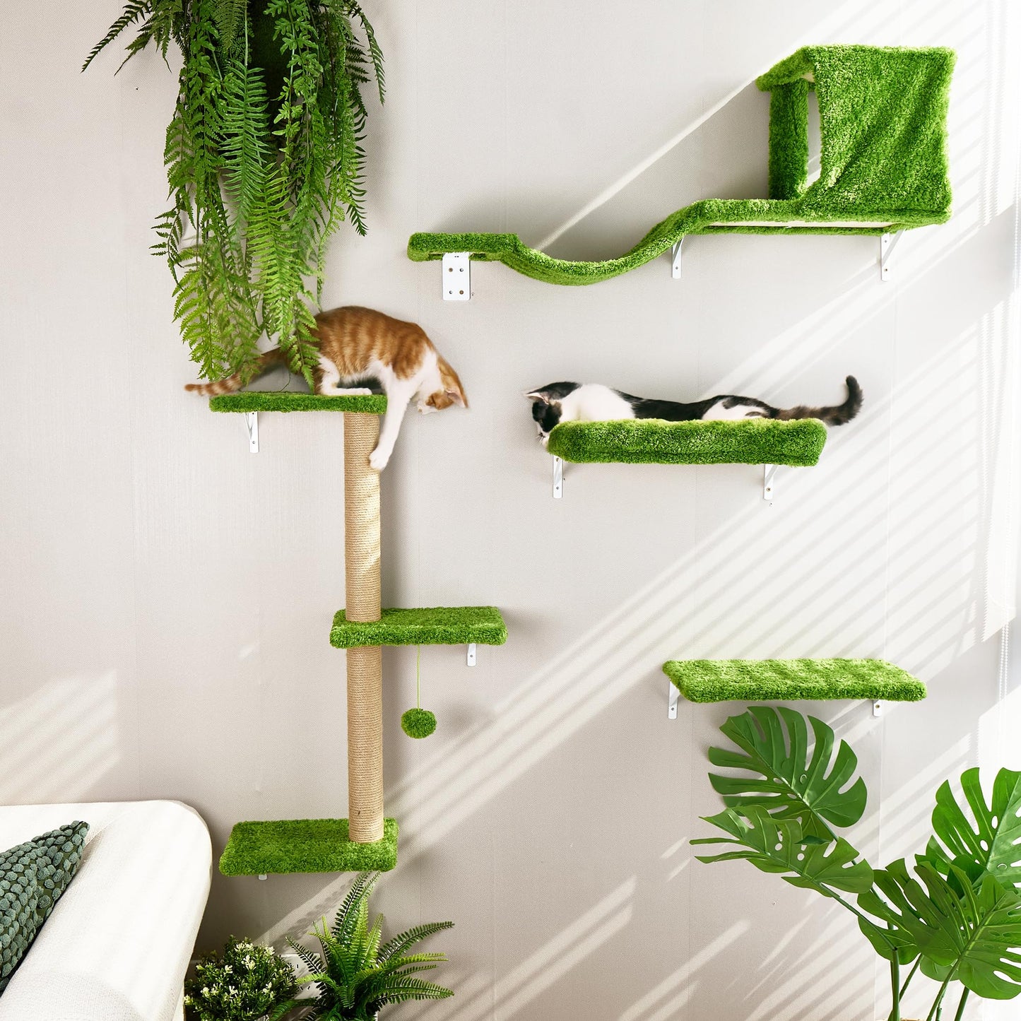 FUKUMARU Cat Wall Shelves, Stable & Safe 4 in 1 Cat Furniture Set, Wooden Climbing Wall with Scratching Post for 16 Inch Drywall - Gray