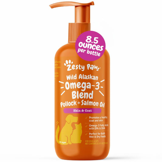 Zesty Paws Wild Alaskan Omega-3 Blend Pollock + Salmon Oil for Dogs and Cats- Skin and Coat Support, Omega 3 Supplement for Pets, 16oz