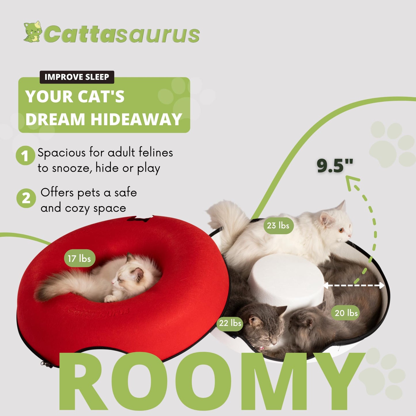 CATTASAURUS Peekaboo Cat Cave for Multiple & Large Cats Up to 30-45 Lbs, Scratch Detachable & Washable Tunnel Bed, Comfy Donut Cat Cave (Light Gray, Large)