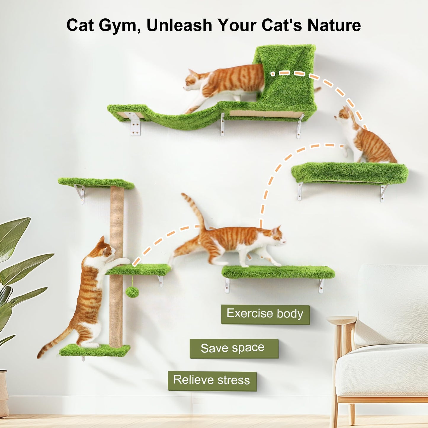 FUKUMARU Cat Wall Shelves, Stable & Safe 4 in 1 Cat Furniture Set, Wooden Climbing Wall with Scratching Post for 16 Inch Drywall - Gray