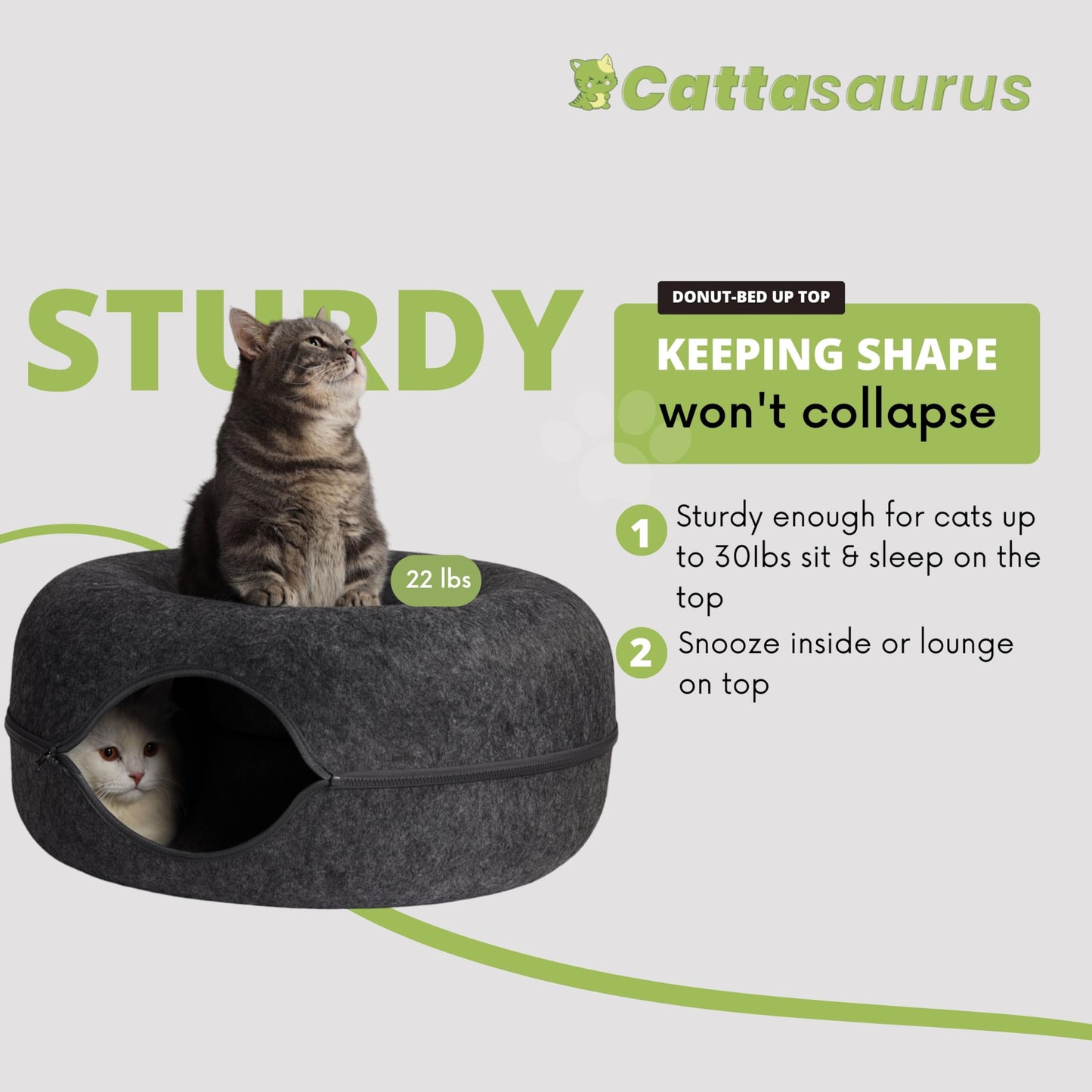 CATTASAURUS Peekaboo Cat Cave for Multiple & Large Cats Up to 30-45 Lbs, Scratch Detachable & Washable Tunnel Bed, Comfy Donut Cat Cave (Light Gray, Large)