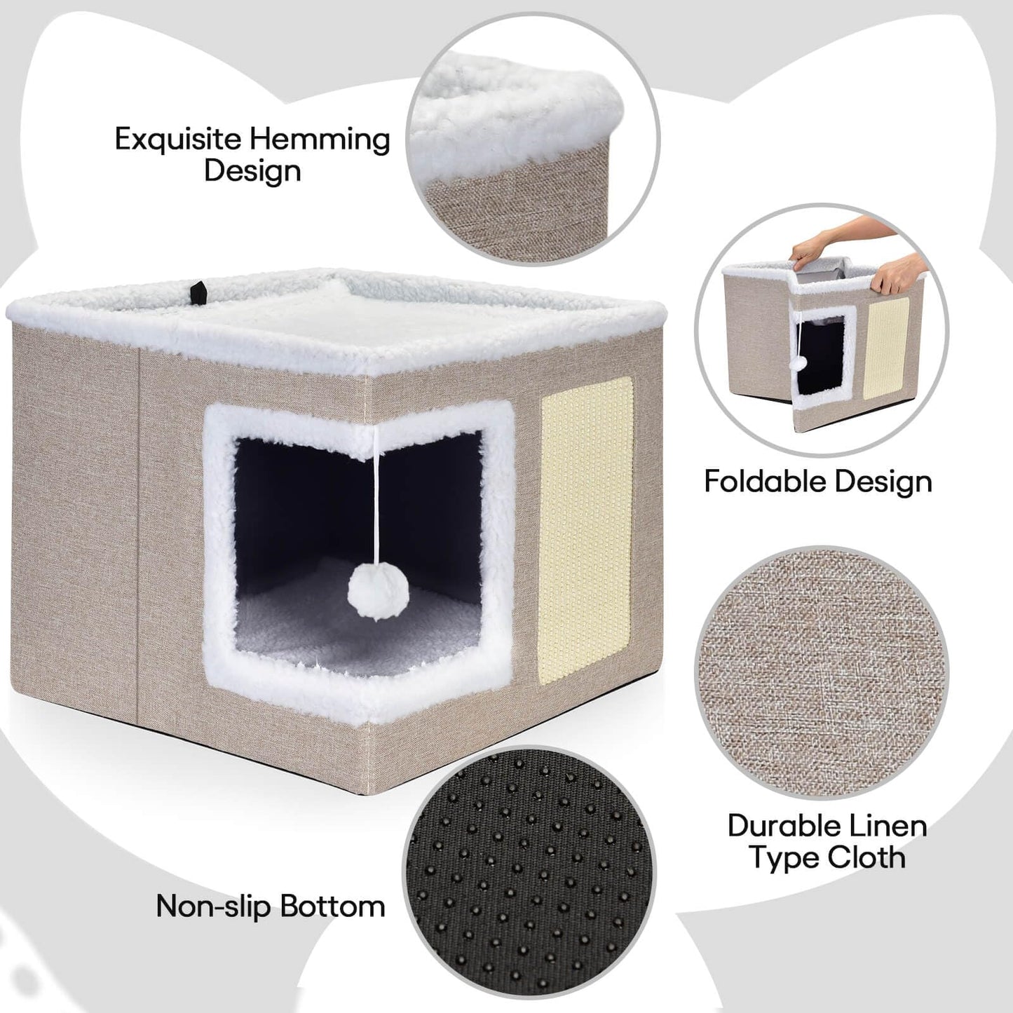 petizer Cat Bed for Indoor Cats, Large Covered Cat House with Scratch Pad, Foldable Cat Cave Bed & Hideaway Cube with Reversible Cushions, Cute Cat Condo for Multi Small Pet Kitten (Dark Grey)