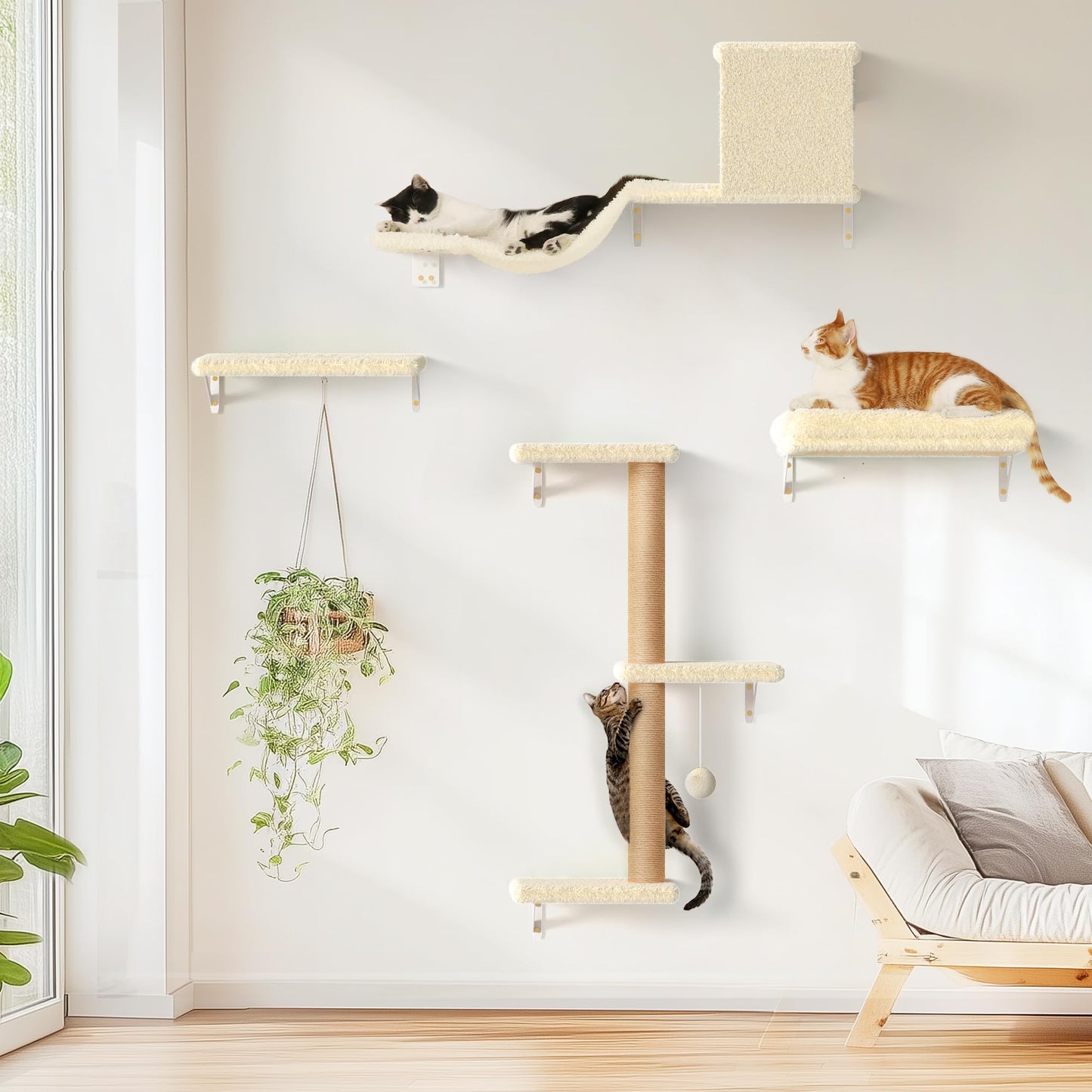 FUKUMARU Cat Wall Shelves, Stable & Safe 4 in 1 Cat Furniture Set, Wooden Climbing Wall with Scratching Post for 16 Inch Drywall - Gray
