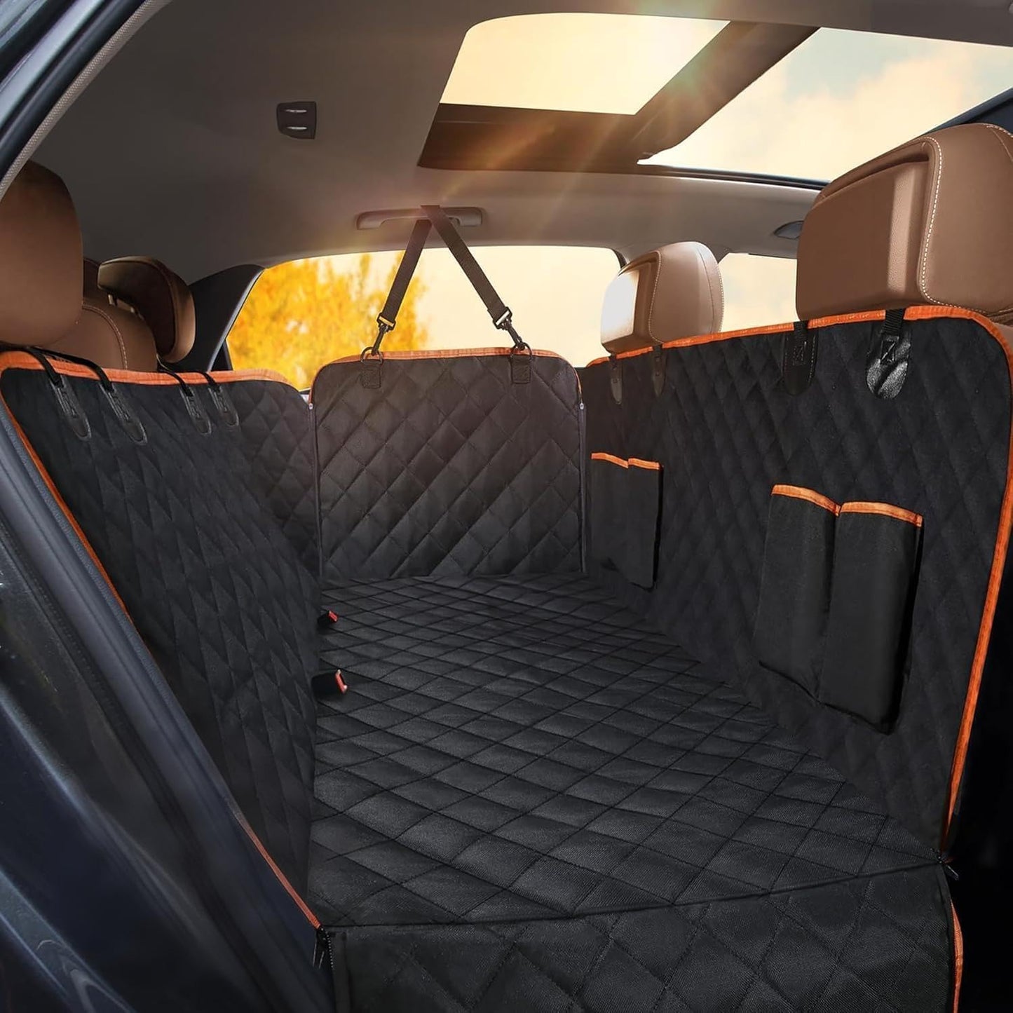 Back Seat Extender for Dogs - Large Space, Waterproof Dog Car Seat Cover for Back Seat with Hard Bottom Holds 420lbs, 600D Heavy-Duty Upgraded Material Dog Hammock for Car, Easy to Use and Clean