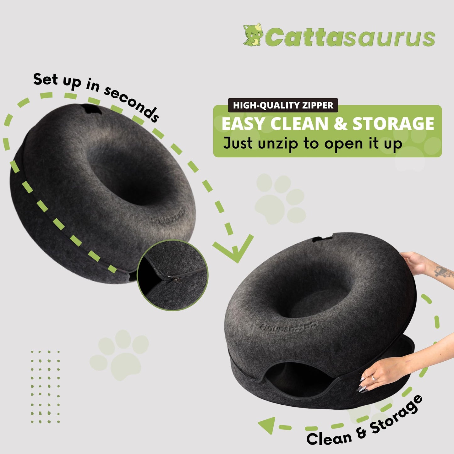 CATTASAURUS Peekaboo Cat Cave for Multiple & Large Cats Up to 30-45 Lbs, Scratch Detachable & Washable Tunnel Bed, Comfy Donut Cat Cave (Light Gray, Large)