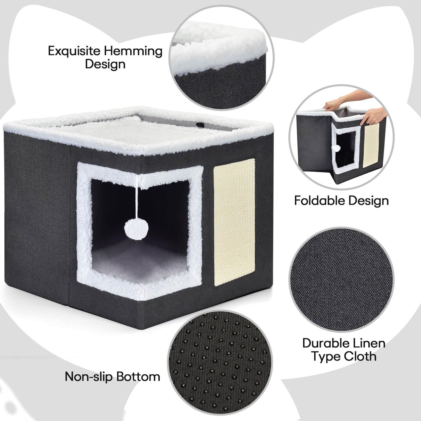 petizer Cat Bed for Indoor Cats, Large Covered Cat House with Scratch Pad, Foldable Cat Cave Bed & Hideaway Cube with Reversible Cushions, Cute Cat Condo for Multi Small Pet Kitten (Dark Grey)