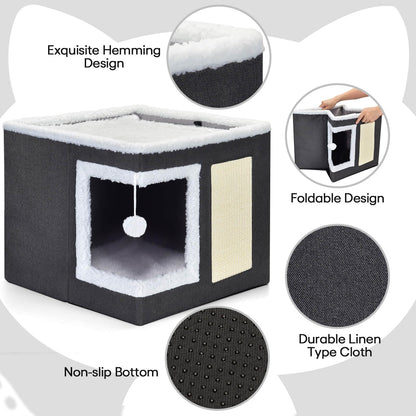 petizer Cat Bed for Indoor Cats, Large Covered Cat House with Scratch Pad, Foldable Cat Cave Bed & Hideaway Cube with Reversible Cushions, Cute Cat Condo for Multi Small Pet Kitten (Dark Grey)