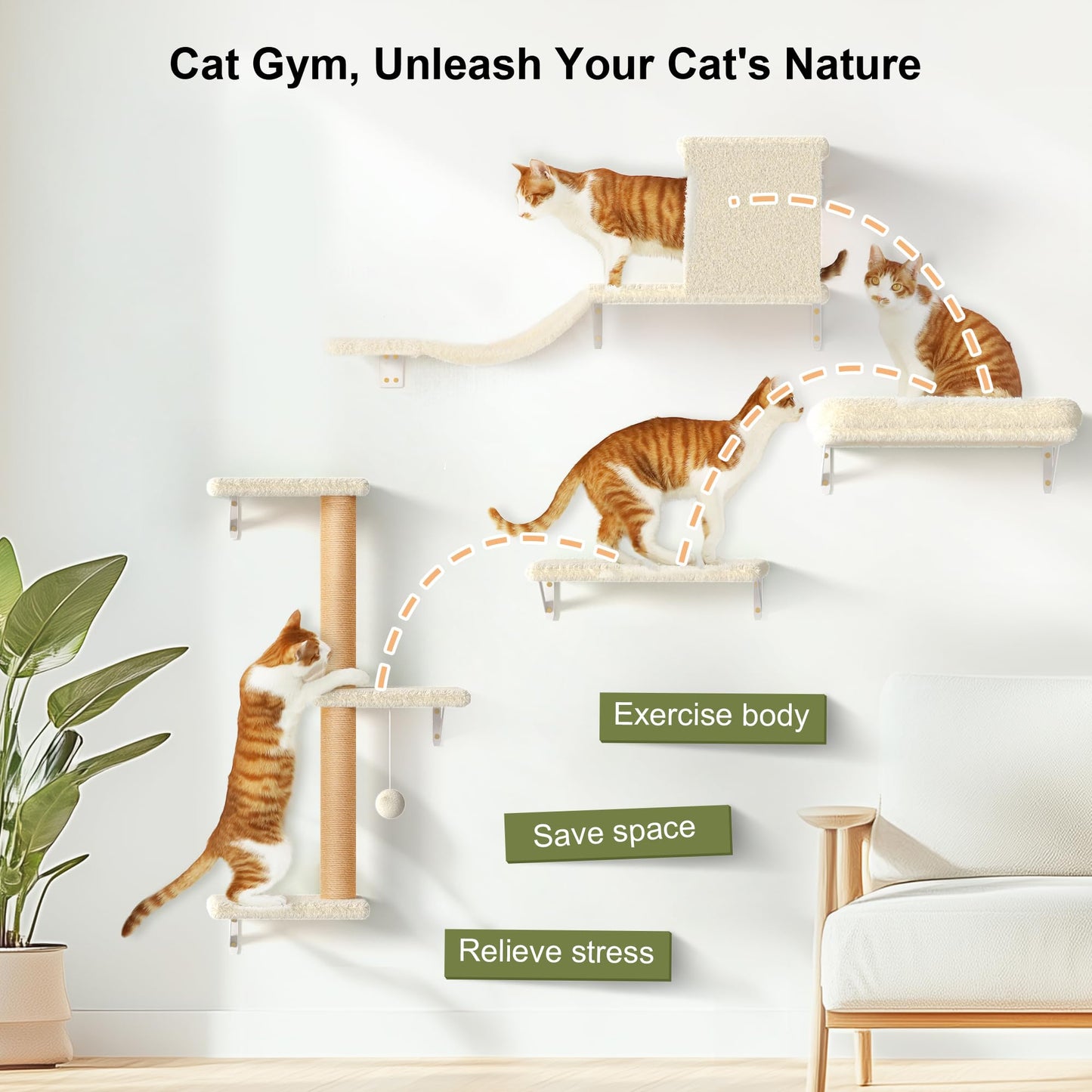 FUKUMARU Cat Wall Shelves, Stable & Safe 4 in 1 Cat Furniture Set, Wooden Climbing Wall with Scratching Post for 16 Inch Drywall - Gray