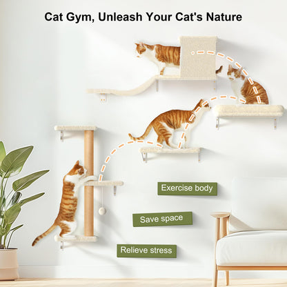 FUKUMARU Cat Wall Shelves, Stable & Safe 4 in 1 Cat Furniture Set, Wooden Climbing Wall with Scratching Post for 16 Inch Drywall - Gray