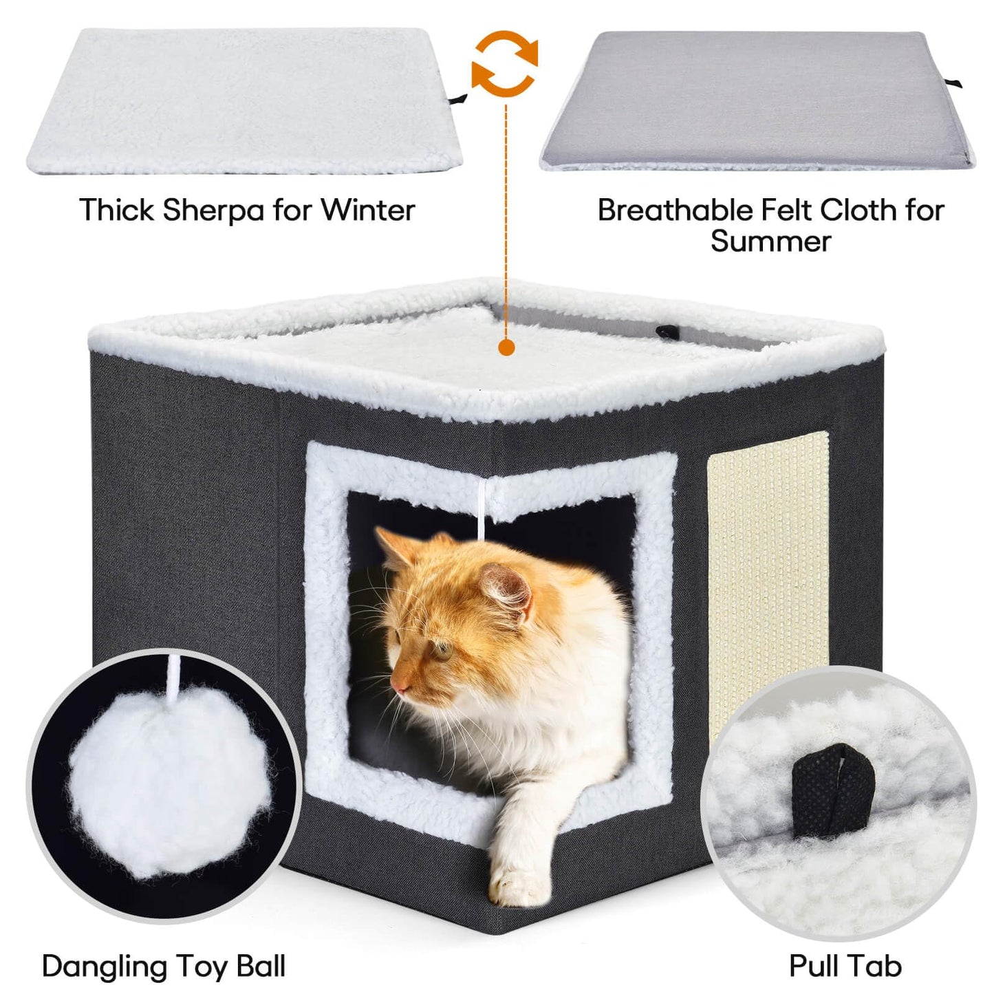 petizer Cat Bed for Indoor Cats, Large Covered Cat House with Scratch Pad, Foldable Cat Cave Bed & Hideaway Cube with Reversible Cushions, Cute Cat Condo for Multi Small Pet Kitten (Dark Grey)
