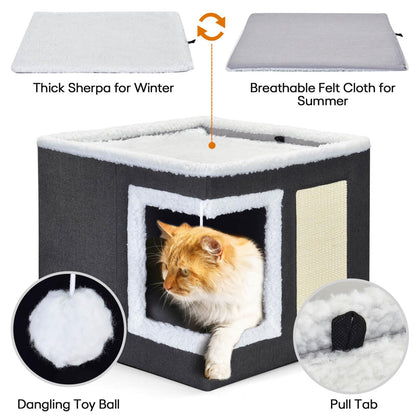 petizer Cat Bed for Indoor Cats, Large Covered Cat House with Scratch Pad, Foldable Cat Cave Bed & Hideaway Cube with Reversible Cushions, Cute Cat Condo for Multi Small Pet Kitten (Dark Grey)