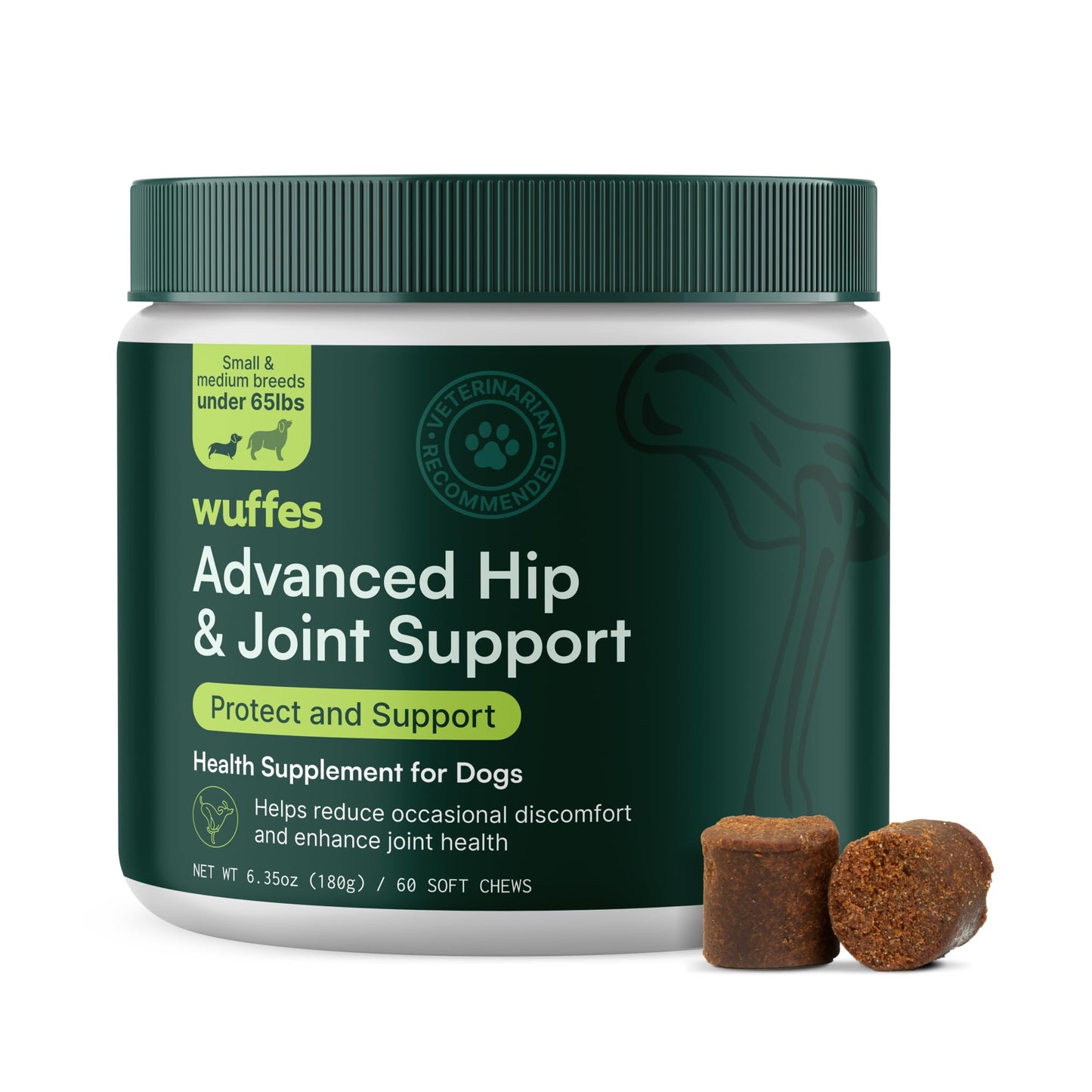 Wuffes Advanced Dog Hip and Joint Supplement with Glucosamine, Chondroitin, Omega 3, MSM, and Green Lipped Mussel, 30 Pork Flavored Chews for Large Dog Breeds