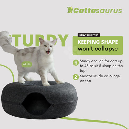 CATTASAURUS Peekaboo Cat Cave for Multiple & Large Cats Up to 30-45 Lbs, Scratch Detachable & Washable Tunnel Bed, Comfy Donut Cat Cave (Light Gray, Large)