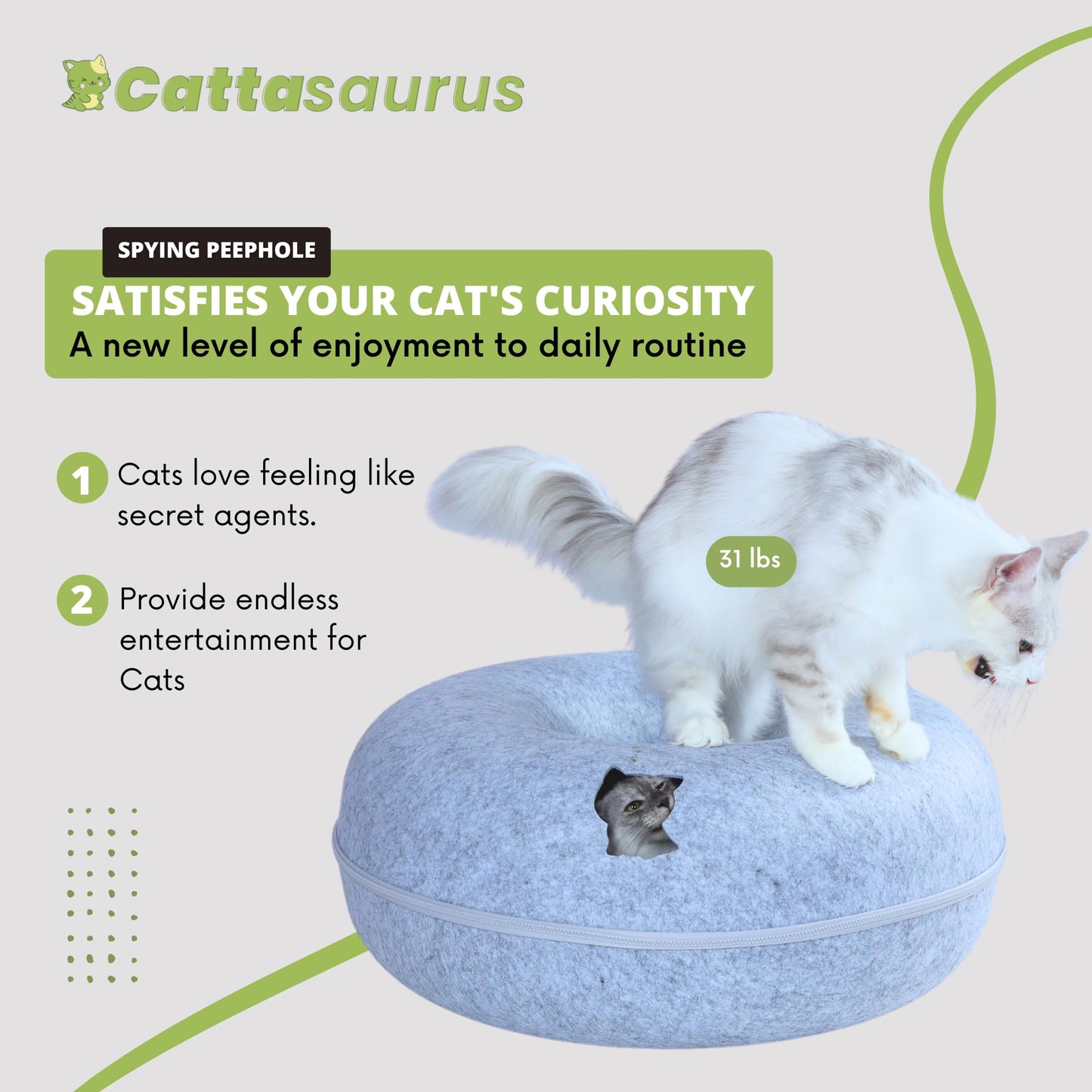 CATTASAURUS Peekaboo Cat Cave for Multiple & Large Cats Up to 30-45 Lbs, Scratch Detachable & Washable Tunnel Bed, Comfy Donut Cat Cave (Light Gray, Large)