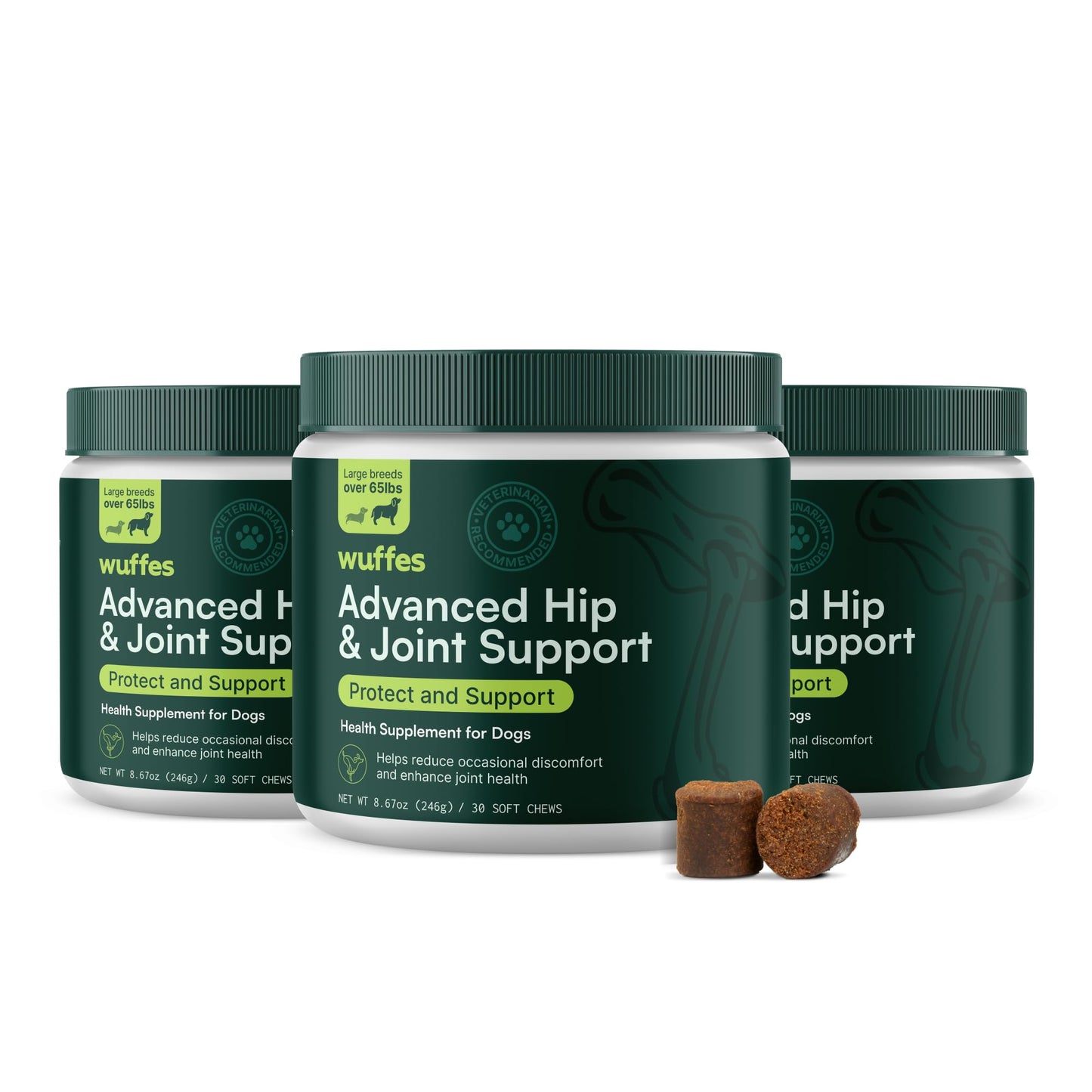 Wuffes Advanced Dog Hip and Joint Supplement with Glucosamine, Chondroitin, Omega 3, MSM, and Green Lipped Mussel, 30 Pork Flavored Chews for Large Dog Breeds