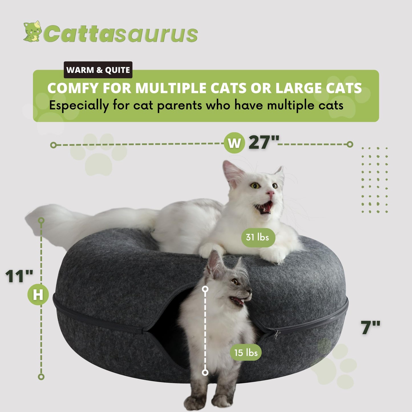 CATTASAURUS Peekaboo Cat Cave for Multiple & Large Cats Up to 30-45 Lbs, Scratch Detachable & Washable Tunnel Bed, Comfy Donut Cat Cave (Light Gray, Large)