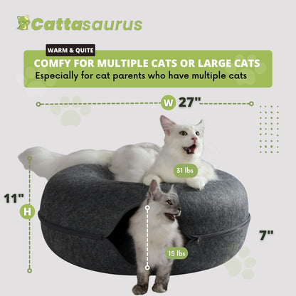 CATTASAURUS Peekaboo Cat Cave for Multiple & Large Cats Up to 30-45 Lbs, Scratch Detachable & Washable Tunnel Bed, Comfy Donut Cat Cave (Light Gray, Large)