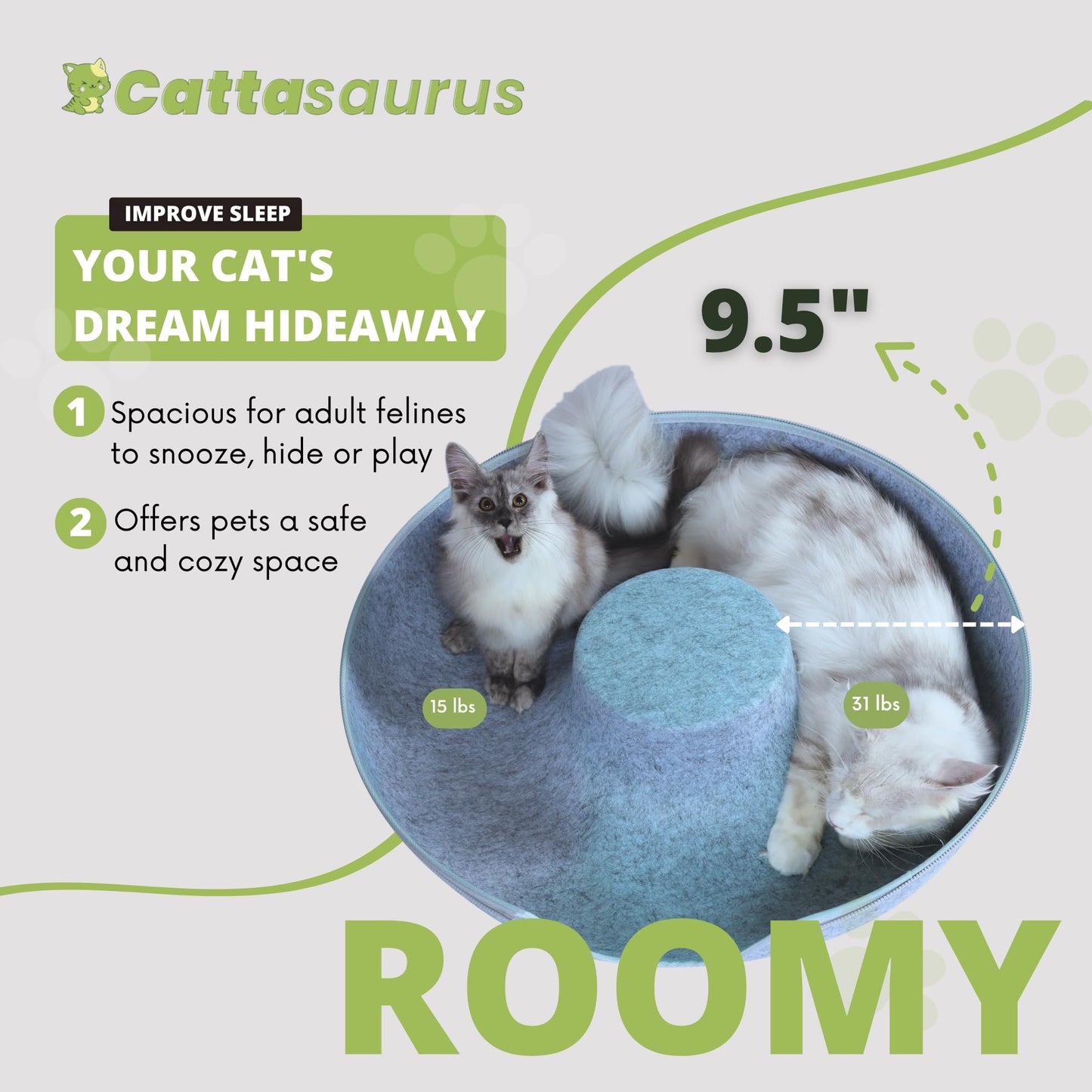 CATTASAURUS Peekaboo Cat Cave for Multiple & Large Cats Up to 30-45 Lbs, Scratch Detachable & Washable Tunnel Bed, Comfy Donut Cat Cave (Light Gray, Large)
