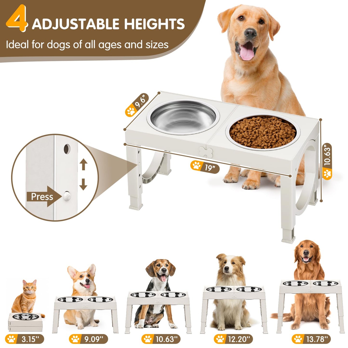 XIAZ Elevated Dog Bowls Large Breed Raised Dogs Bowl Stand Large/Medium Sized Dog 1L Food Water Bowl Stands 5 Heights Adjustable 9/11/12/14in Black Pet Feeder Dish Station