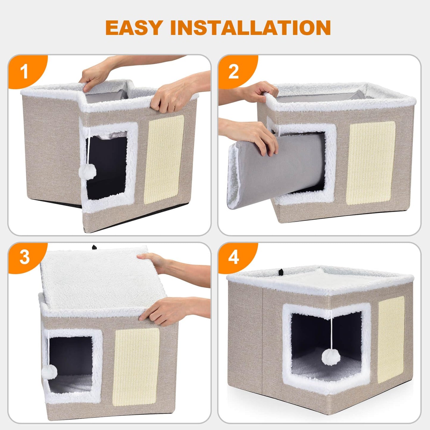 petizer Cat Bed for Indoor Cats, Large Covered Cat House with Scratch Pad, Foldable Cat Cave Bed & Hideaway Cube with Reversible Cushions, Cute Cat Condo for Multi Small Pet Kitten (Dark Grey)