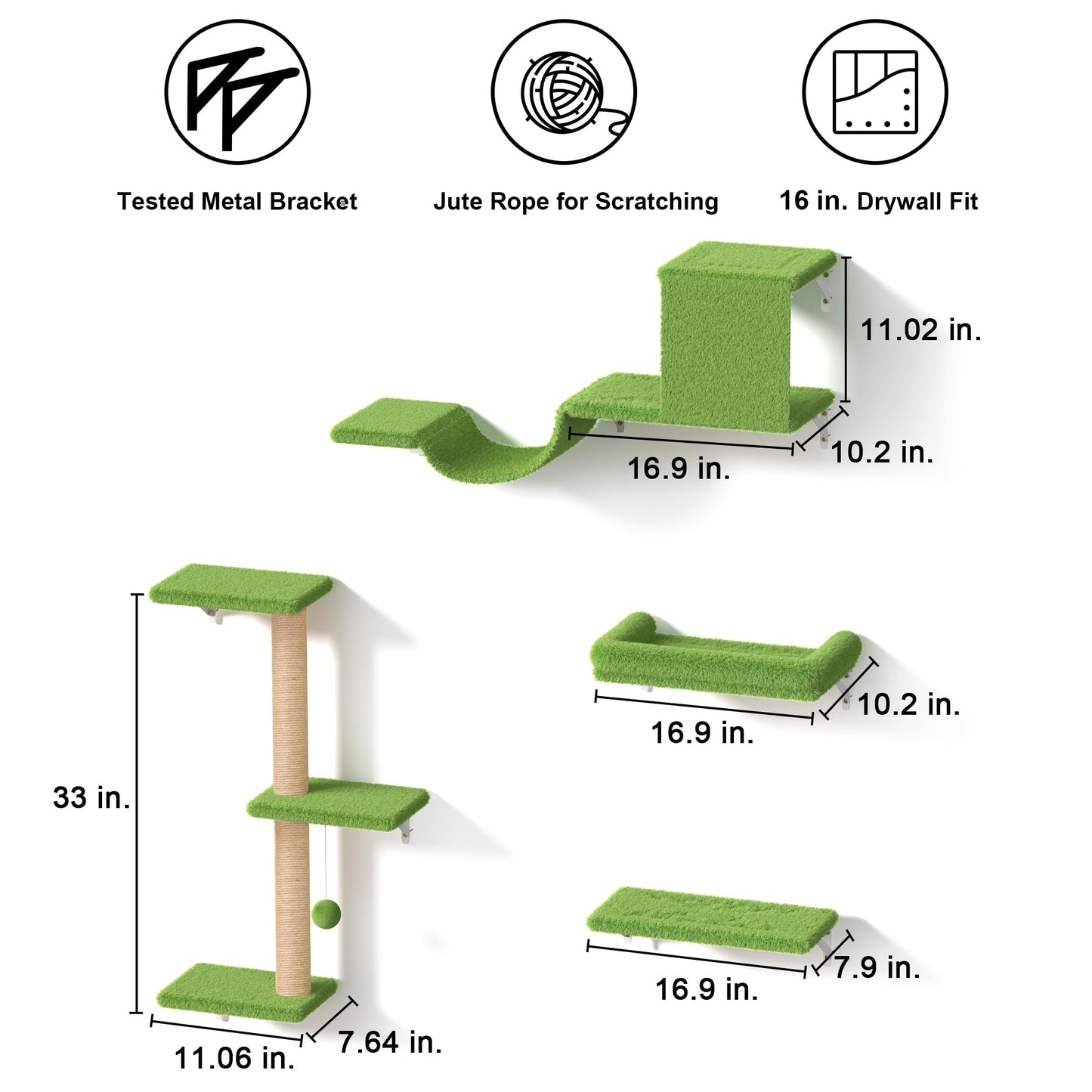 FUKUMARU Cat Wall Shelves, Stable & Safe 4 in 1 Cat Furniture Set, Wooden Climbing Wall with Scratching Post for 16 Inch Drywall - Gray