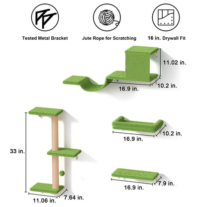 FUKUMARU Cat Wall Shelves, Stable & Safe 4 in 1 Cat Furniture Set, Wooden Climbing Wall with Scratching Post for 16 Inch Drywall - Gray