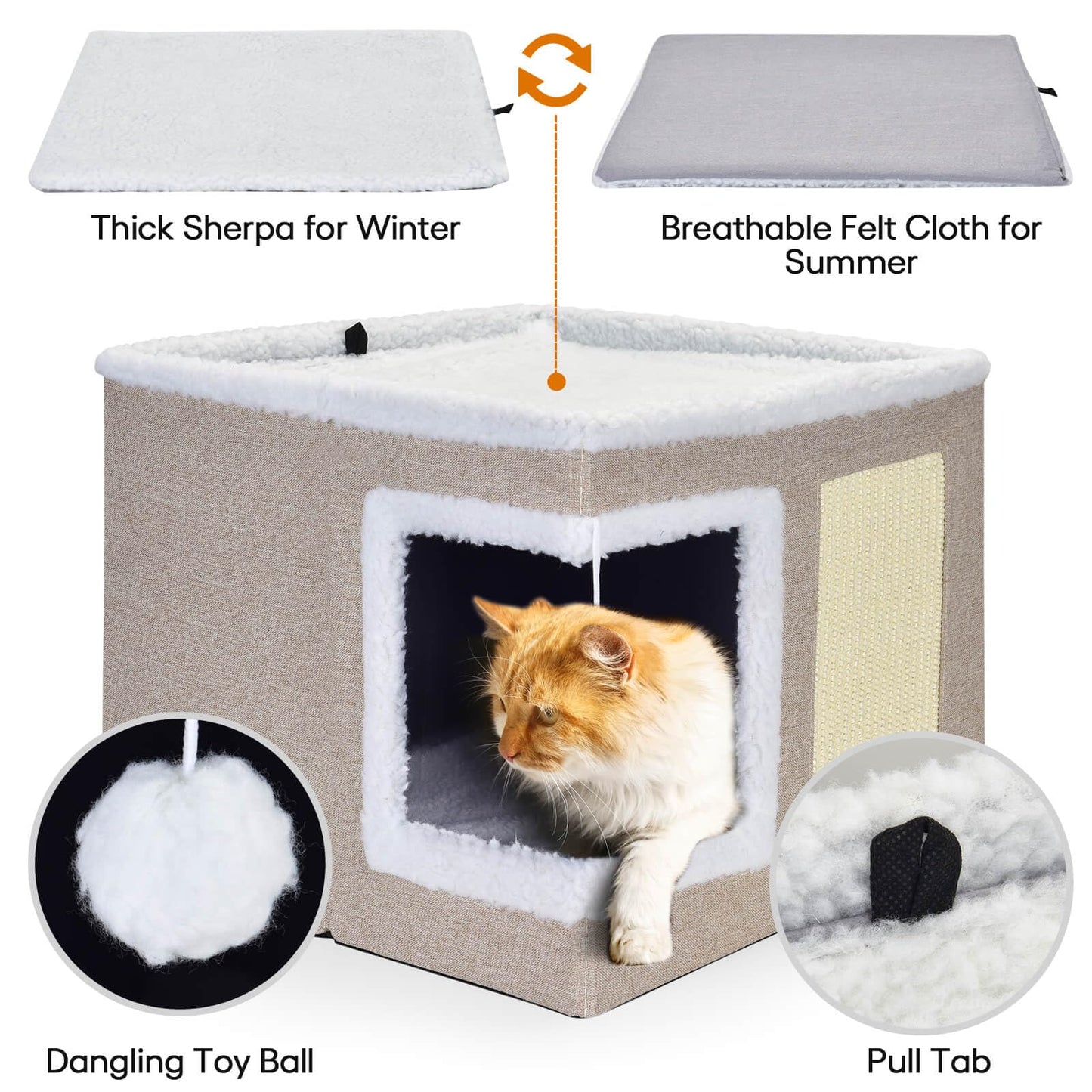 petizer Cat Bed for Indoor Cats, Large Covered Cat House with Scratch Pad, Foldable Cat Cave Bed & Hideaway Cube with Reversible Cushions, Cute Cat Condo for Multi Small Pet Kitten (Dark Grey)
