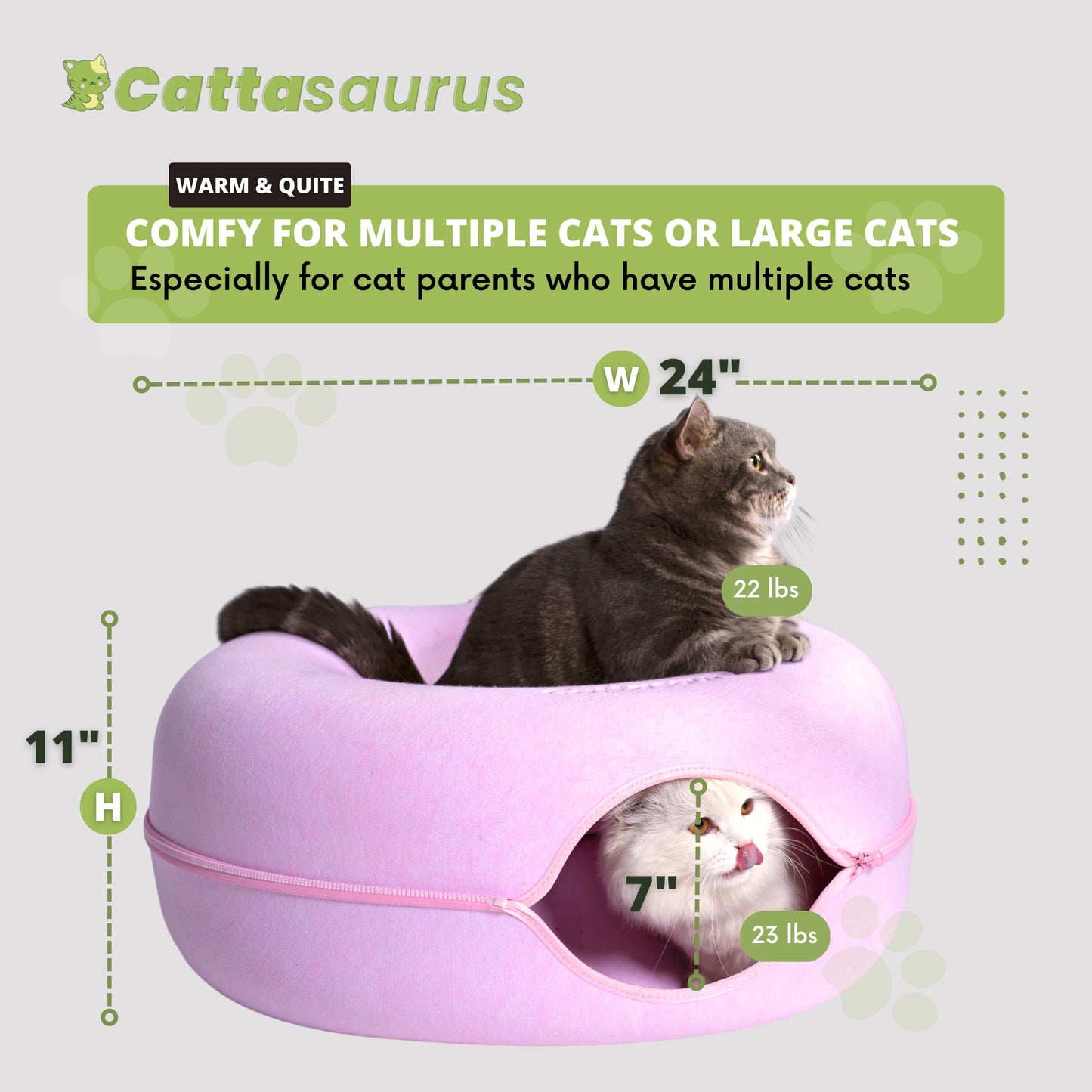 CATTASAURUS Peekaboo Cat Cave for Multiple & Large Cats Up to 30-45 Lbs, Scratch Detachable & Washable Tunnel Bed, Comfy Donut Cat Cave (Light Gray, Large)