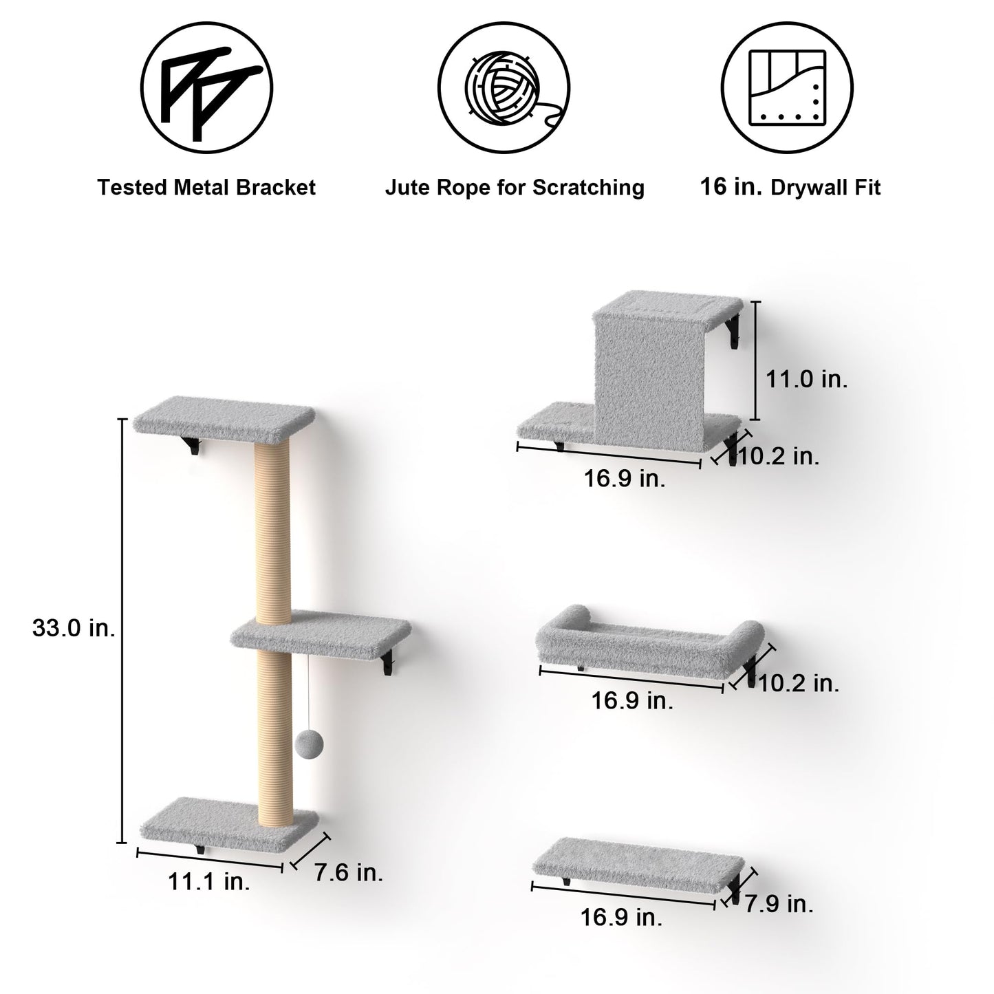 FUKUMARU Cat Wall Shelves, Stable & Safe 4 in 1 Cat Furniture Set, Wooden Climbing Wall with Scratching Post for 16 Inch Drywall - Gray