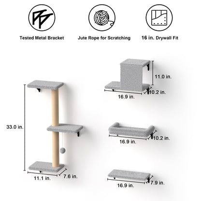 FUKUMARU Cat Wall Shelves, Stable & Safe 4 in 1 Cat Furniture Set, Wooden Climbing Wall with Scratching Post for 16 Inch Drywall - Gray