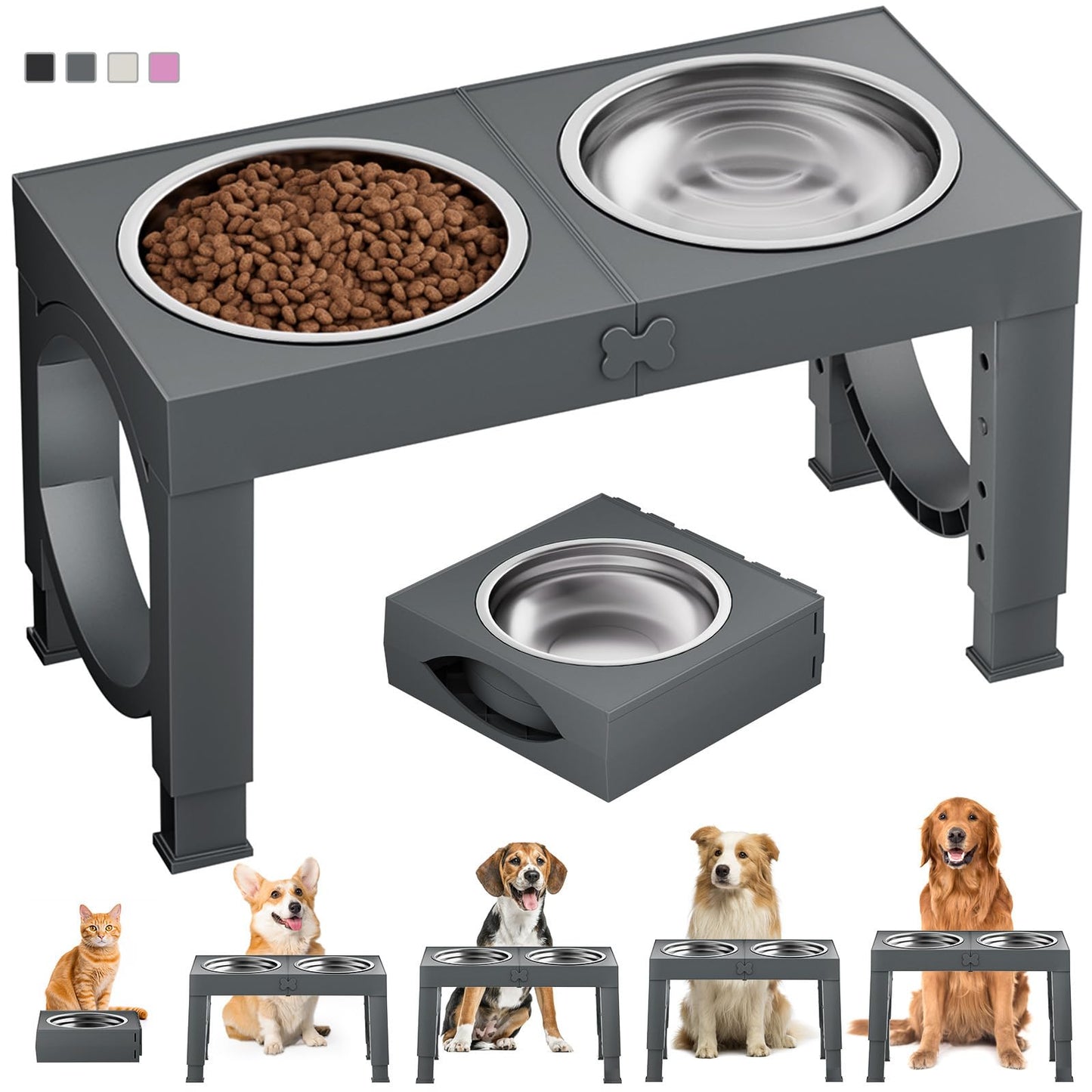 XIAZ Elevated Dog Bowls Large Breed Raised Dogs Bowl Stand Large/Medium Sized Dog 1L Food Water Bowl Stands 5 Heights Adjustable 9/11/12/14in Black Pet Feeder Dish Station