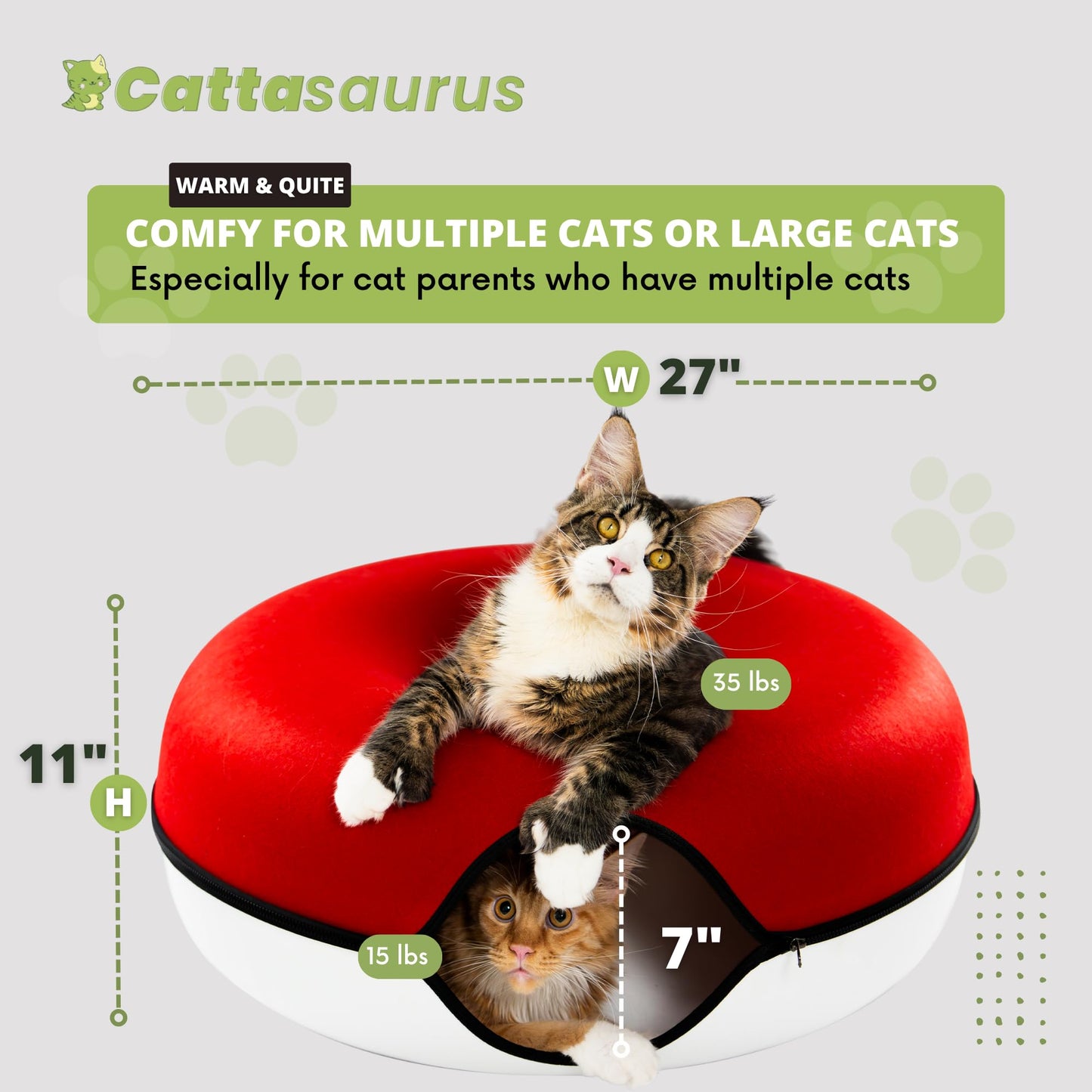 CATTASAURUS Peekaboo Cat Cave for Multiple & Large Cats Up to 30-45 Lbs, Scratch Detachable & Washable Tunnel Bed, Comfy Donut Cat Cave (Light Gray, Large)