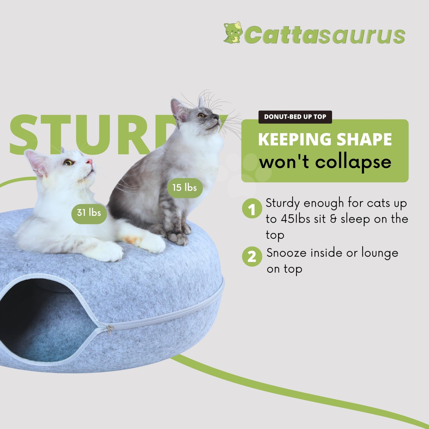 CATTASAURUS Peekaboo Cat Cave for Multiple & Large Cats Up to 30-45 Lbs, Scratch Detachable & Washable Tunnel Bed, Comfy Donut Cat Cave (Light Gray, Large)