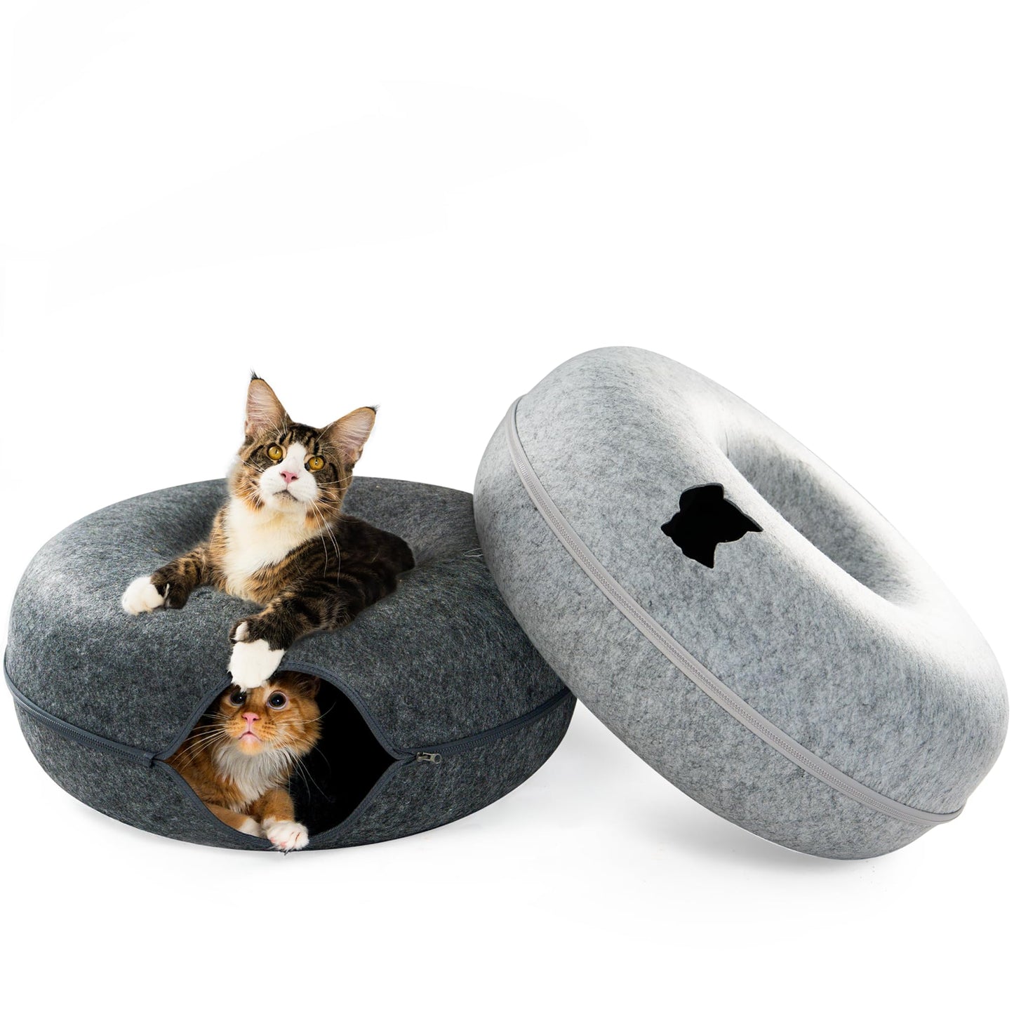 CATTASAURUS Peekaboo Cat Cave for Multiple & Large Cats Up to 30-45 Lbs, Scratch Detachable & Washable Tunnel Bed, Comfy Donut Cat Cave (Light Gray, Large)