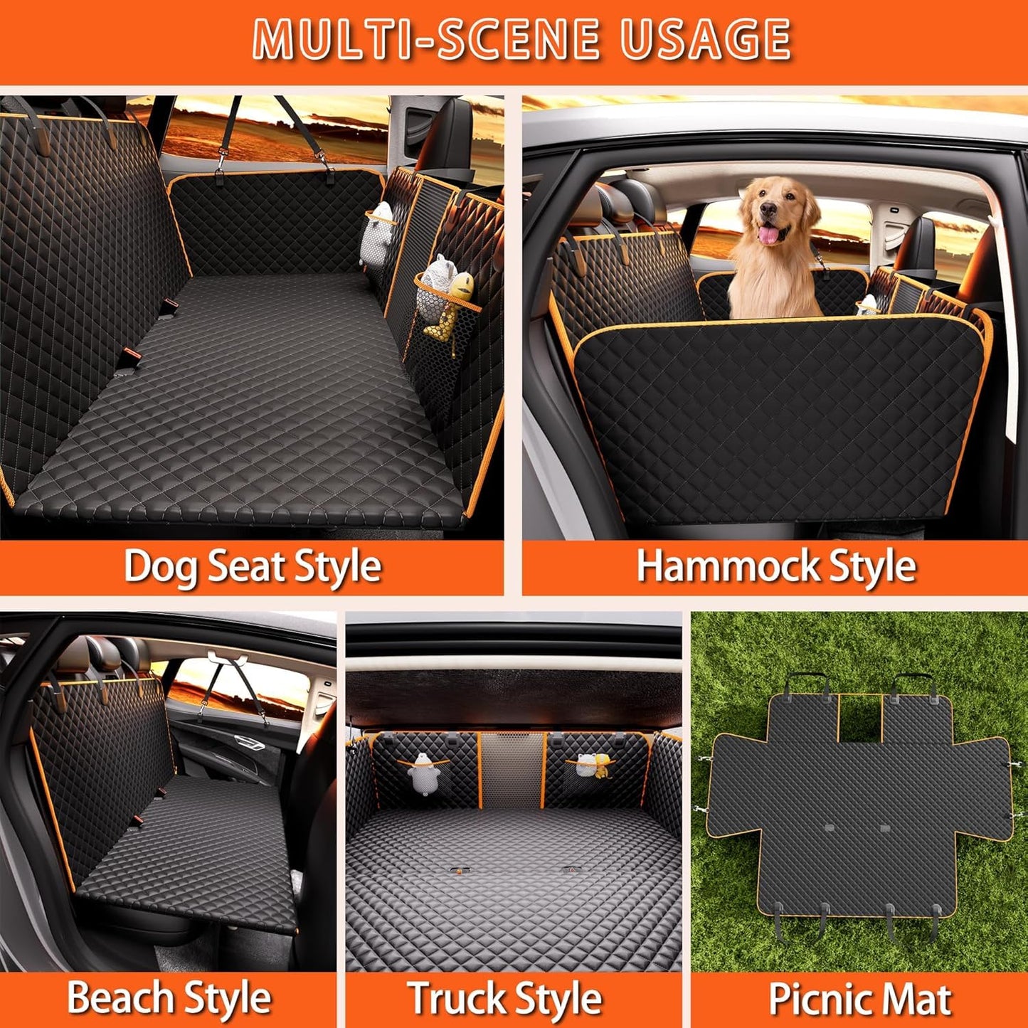 Back Seat Extender for Dogs - Large Space, Waterproof Dog Car Seat Cover for Back Seat with Hard Bottom Holds 420lbs, 600D Heavy-Duty Upgraded Material Dog Hammock for Car, Easy to Use and Clean
