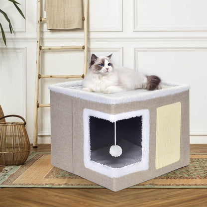 petizer Cat Bed for Indoor Cats, Large Covered Cat House with Scratch Pad, Foldable Cat Cave Bed & Hideaway Cube with Reversible Cushions, Cute Cat Condo for Multi Small Pet Kitten (Dark Grey)
