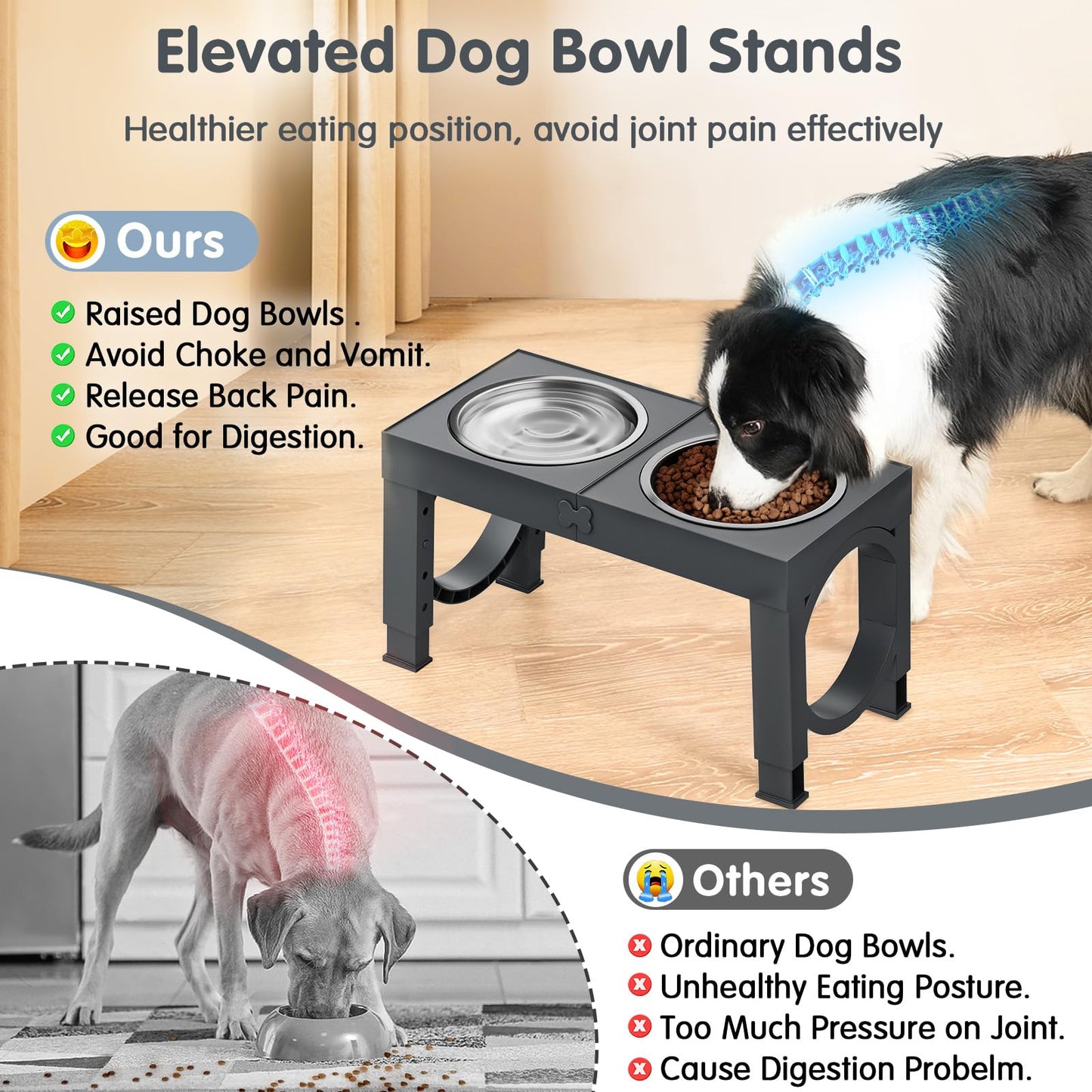 XIAZ Elevated Dog Bowls Large Breed Raised Dogs Bowl Stand Large/Medium Sized Dog 1L Food Water Bowl Stands 5 Heights Adjustable 9/11/12/14in Black Pet Feeder Dish Station