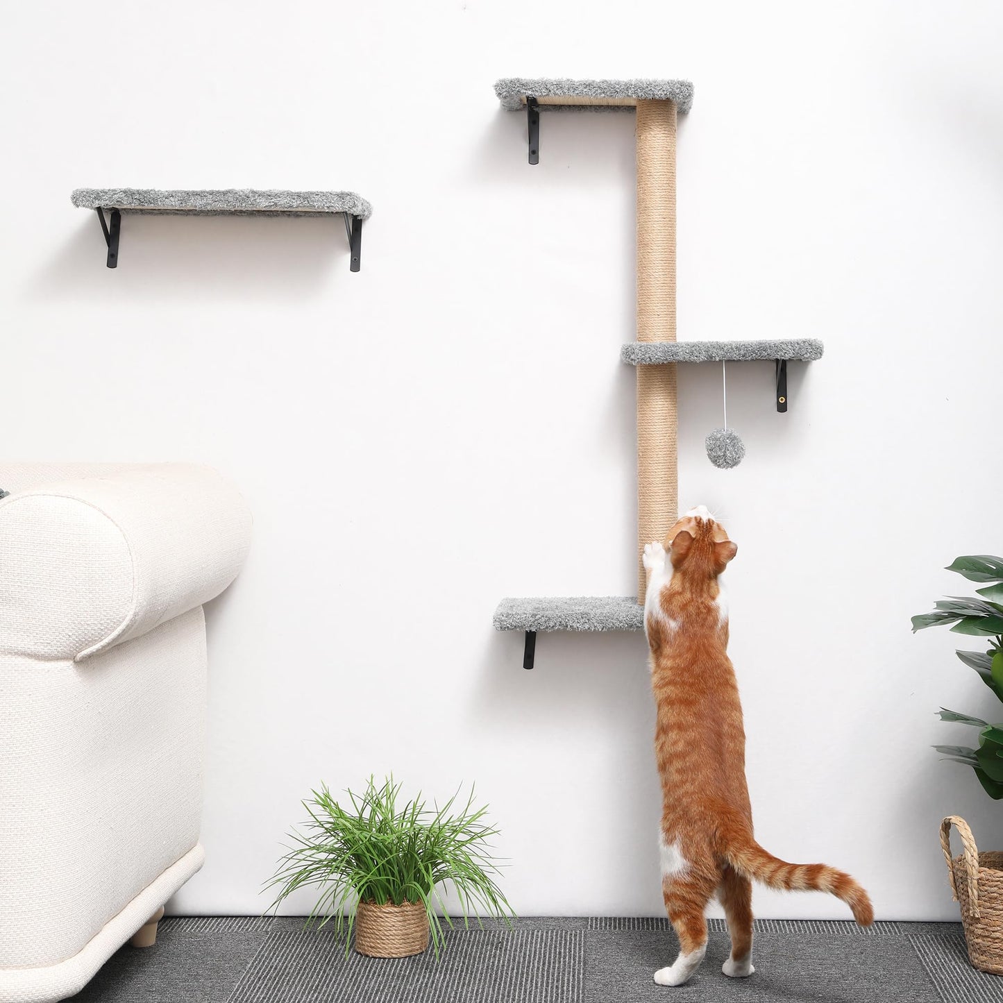 FUKUMARU Cat Wall Shelves, Stable & Safe 4 in 1 Cat Furniture Set, Wooden Climbing Wall with Scratching Post for 16 Inch Drywall - Gray