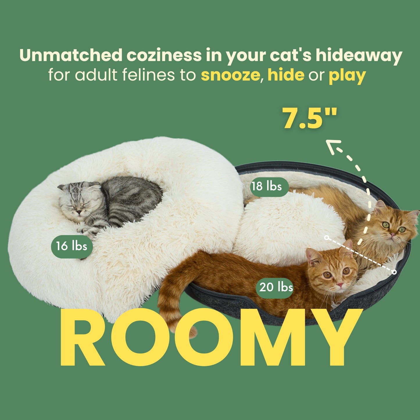 CATTASAURUS Peekaboo Cat Cave for Multiple & Large Cats Up to 30-45 Lbs, Scratch Detachable & Washable Tunnel Bed, Comfy Donut Cat Cave (Light Gray, Large)