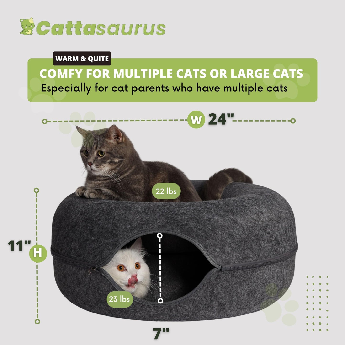 CATTASAURUS Peekaboo Cat Cave for Multiple & Large Cats Up to 30-45 Lbs, Scratch Detachable & Washable Tunnel Bed, Comfy Donut Cat Cave (Light Gray, Large)